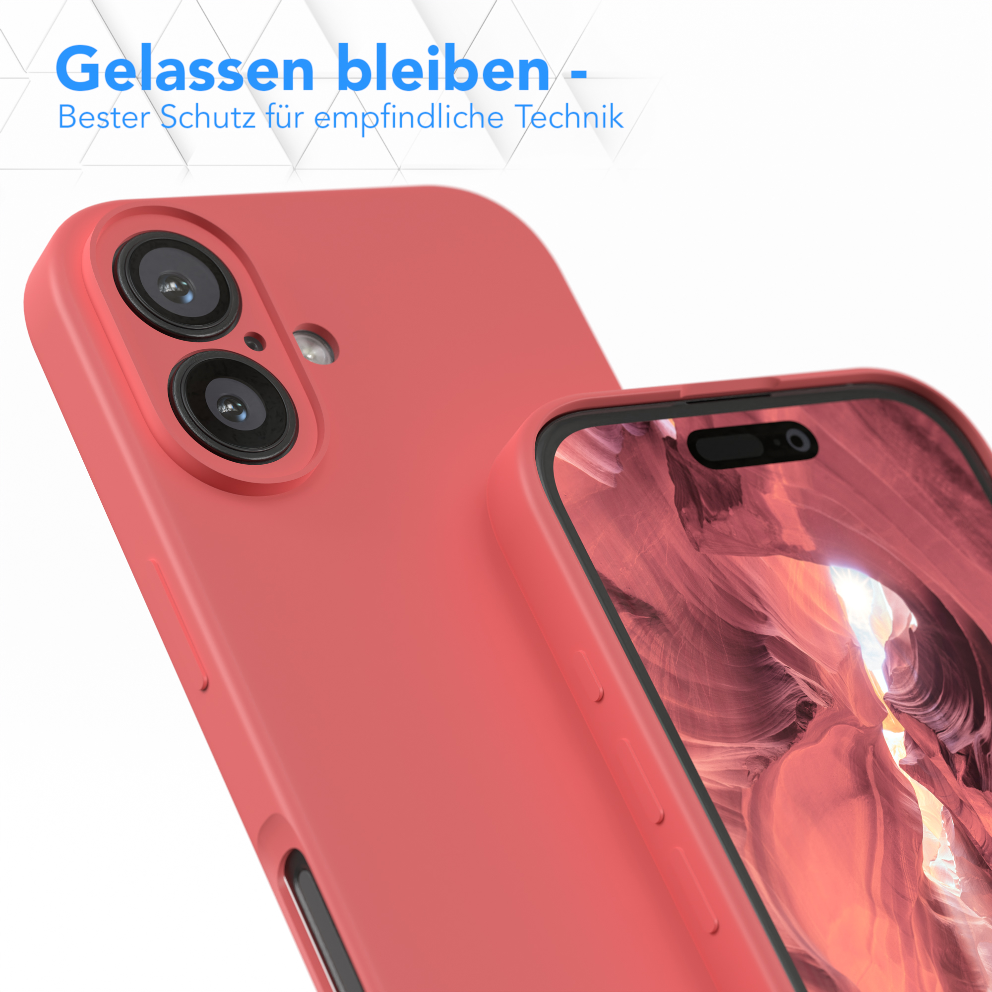 Rote Handyhülle auf einem Telefon, mit verschwommenem Hintergrund. Text oben links.