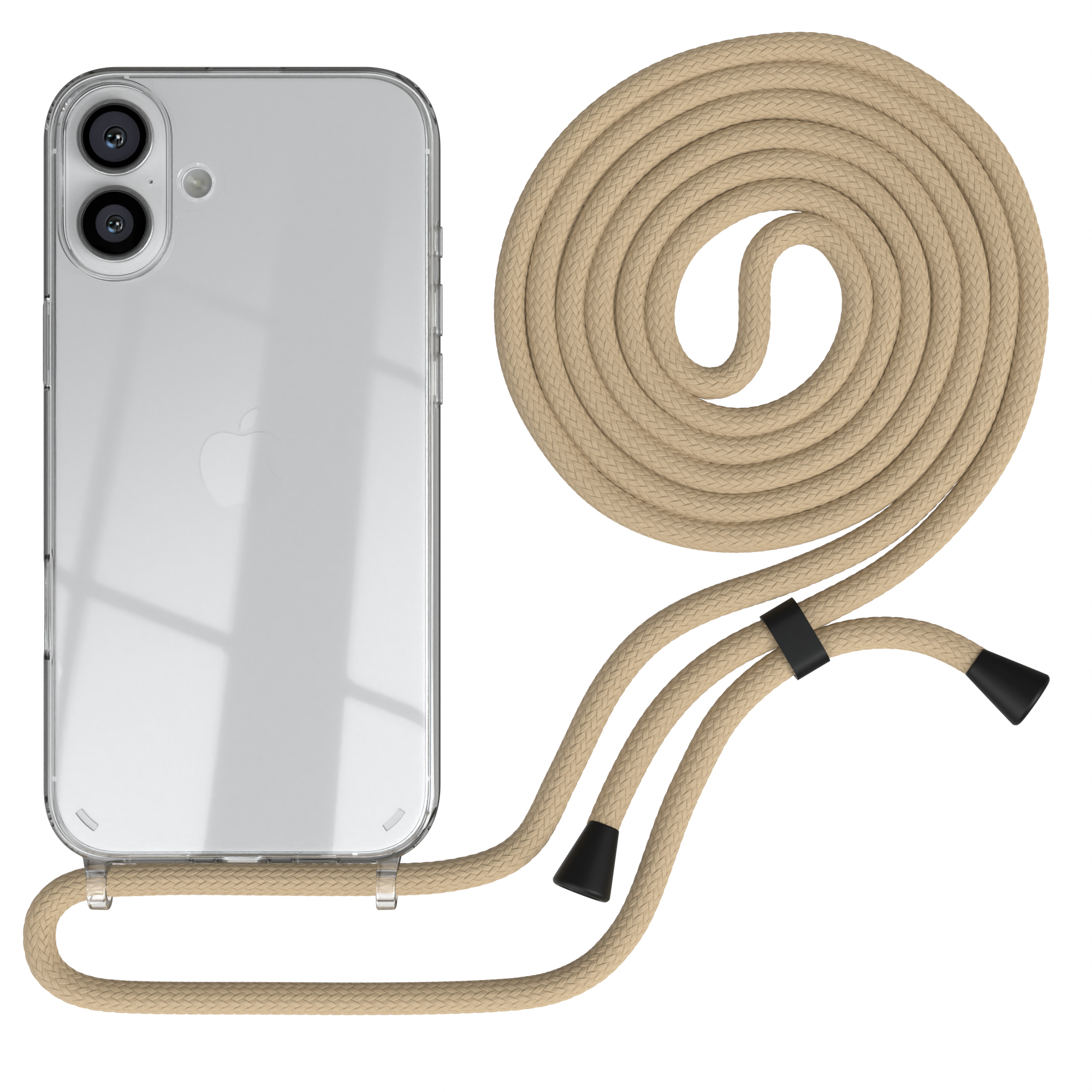 Transparente Handyhülle mit beigem Seil. Telefon sichtbar. Weißer Hintergrund.