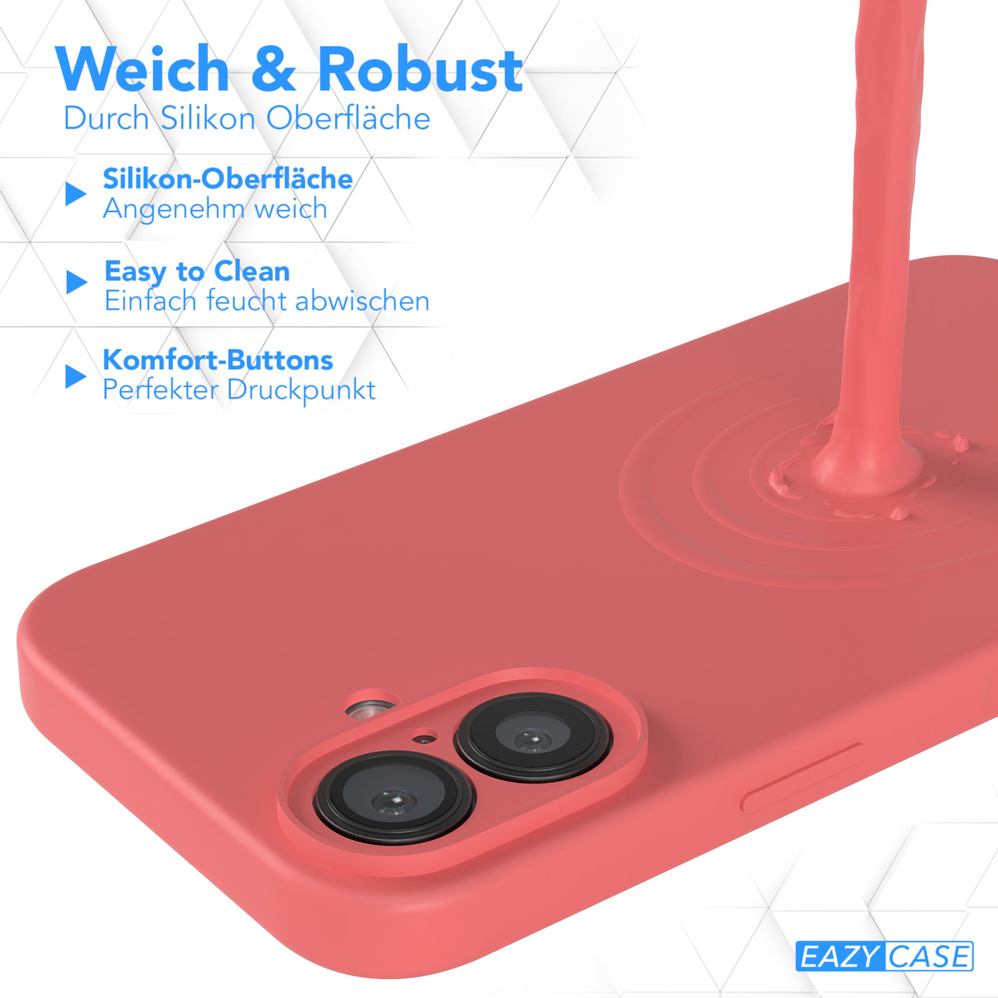 Rote Handyhülle mit Kameraausschnitten und einem Tropfen rosa Flüssigkeit.