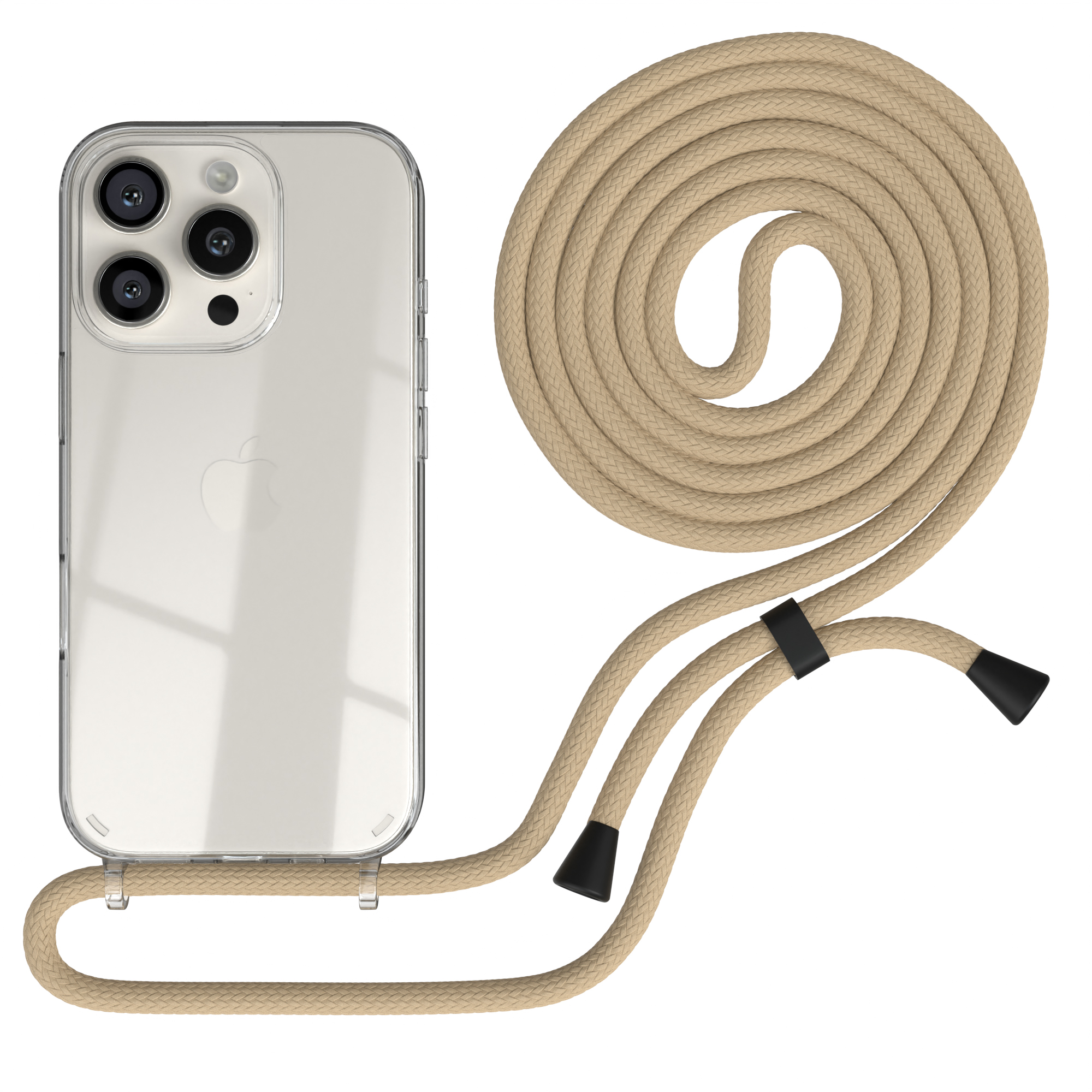 Transparente Handyhülle mit beigem Seilriemen. Telefon ist klar, zeigt Apple-Logo.