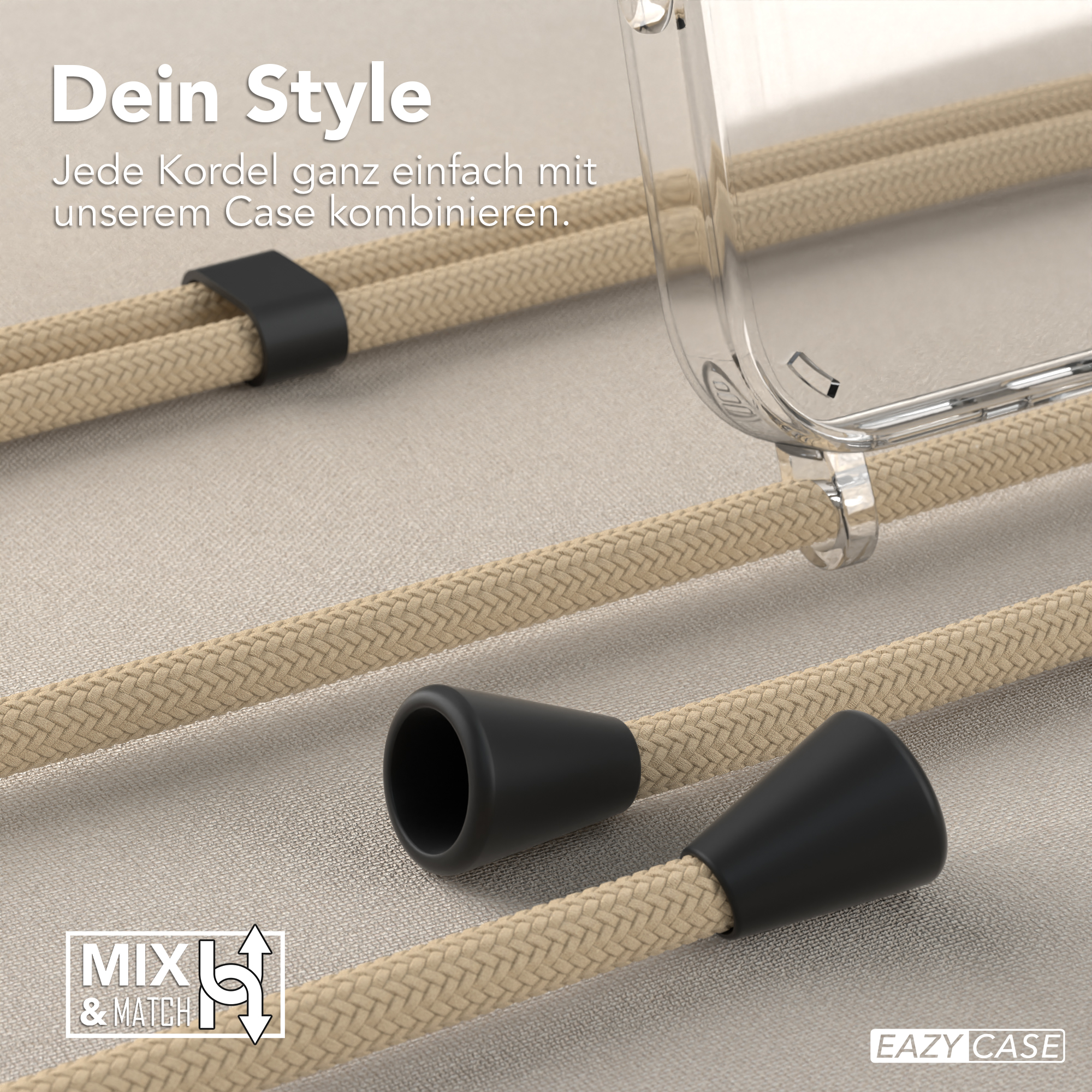 Zwei beige Kordeln mit schwarzen Enden, mit einer transparenten Handyhülle.