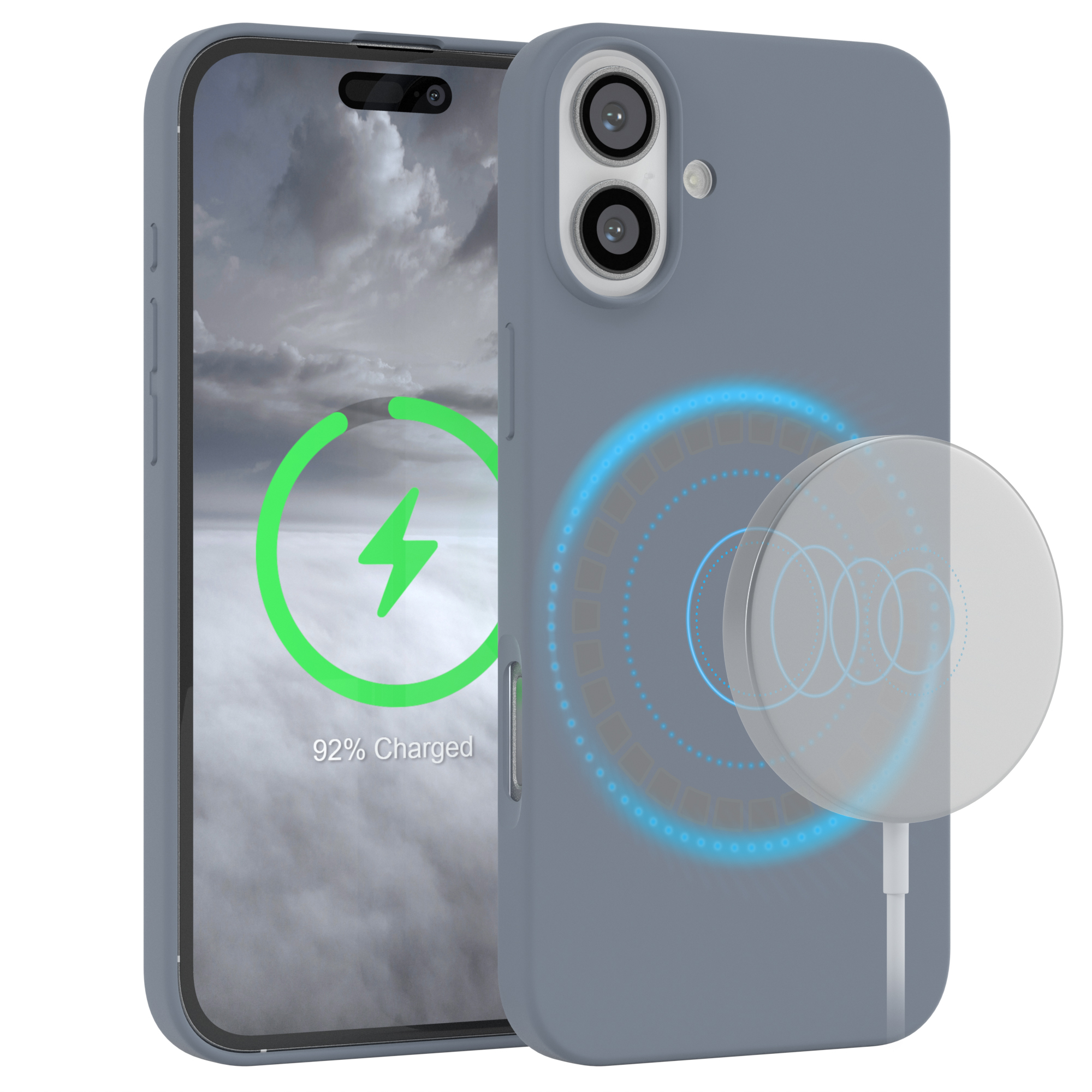 Graues Handy-Case, kabellos ladend. Ein weißes Ladegerät auf der rechten Seite.