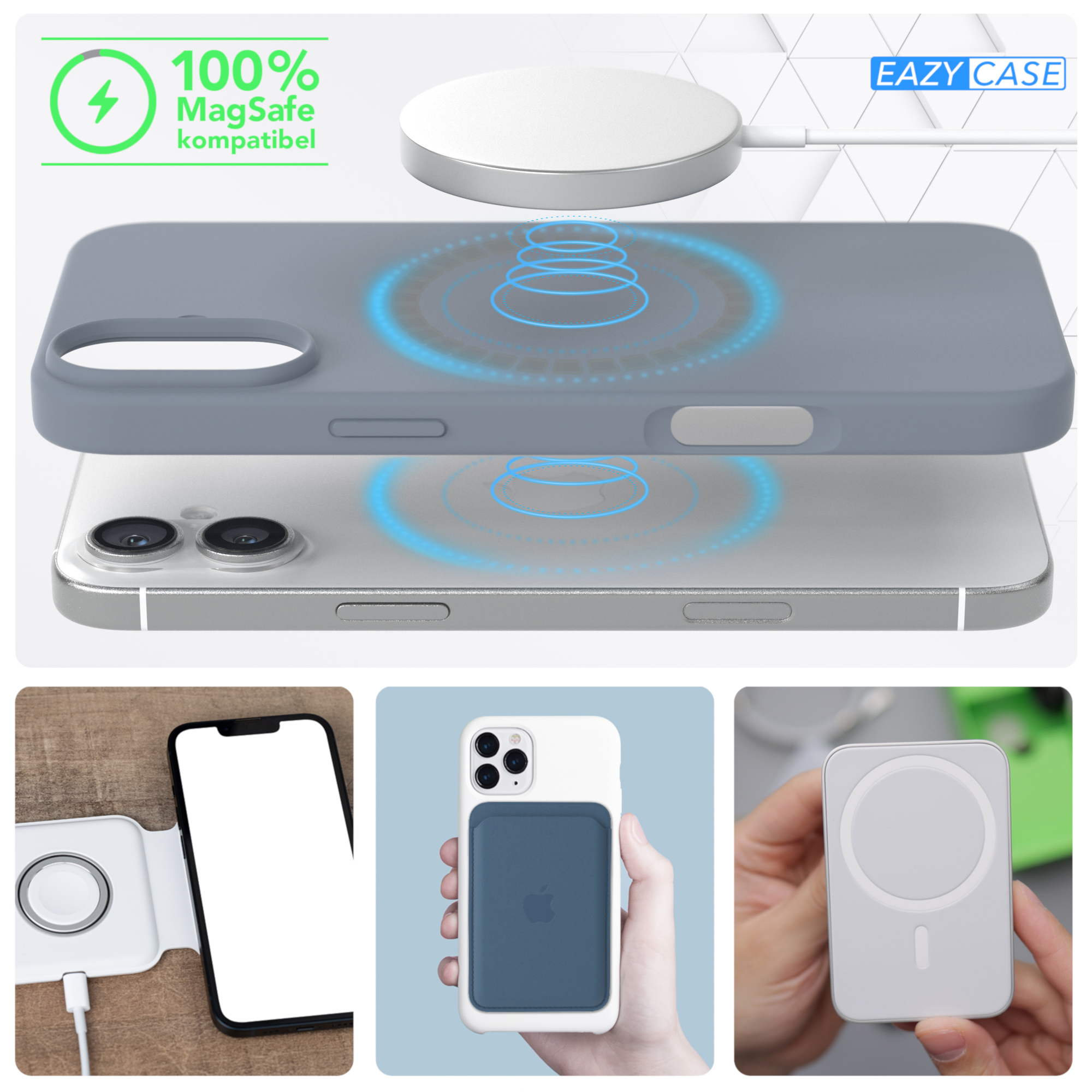 MagSafe-kompatible Handyhülle, mit Ladegerät und anderem Zubehör. Text ist auf Deutsch.