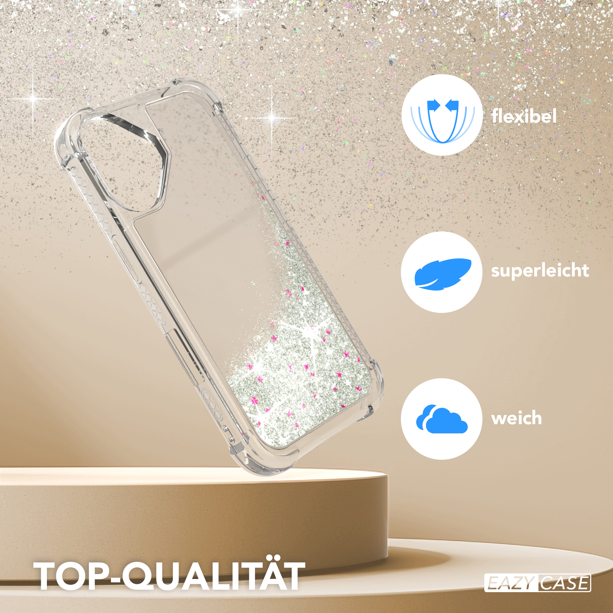 Transparente Handyhülle mit Glitzer, die Merkmale wie Flexibilität, Leichtigkeit und Weichheit zeigt.