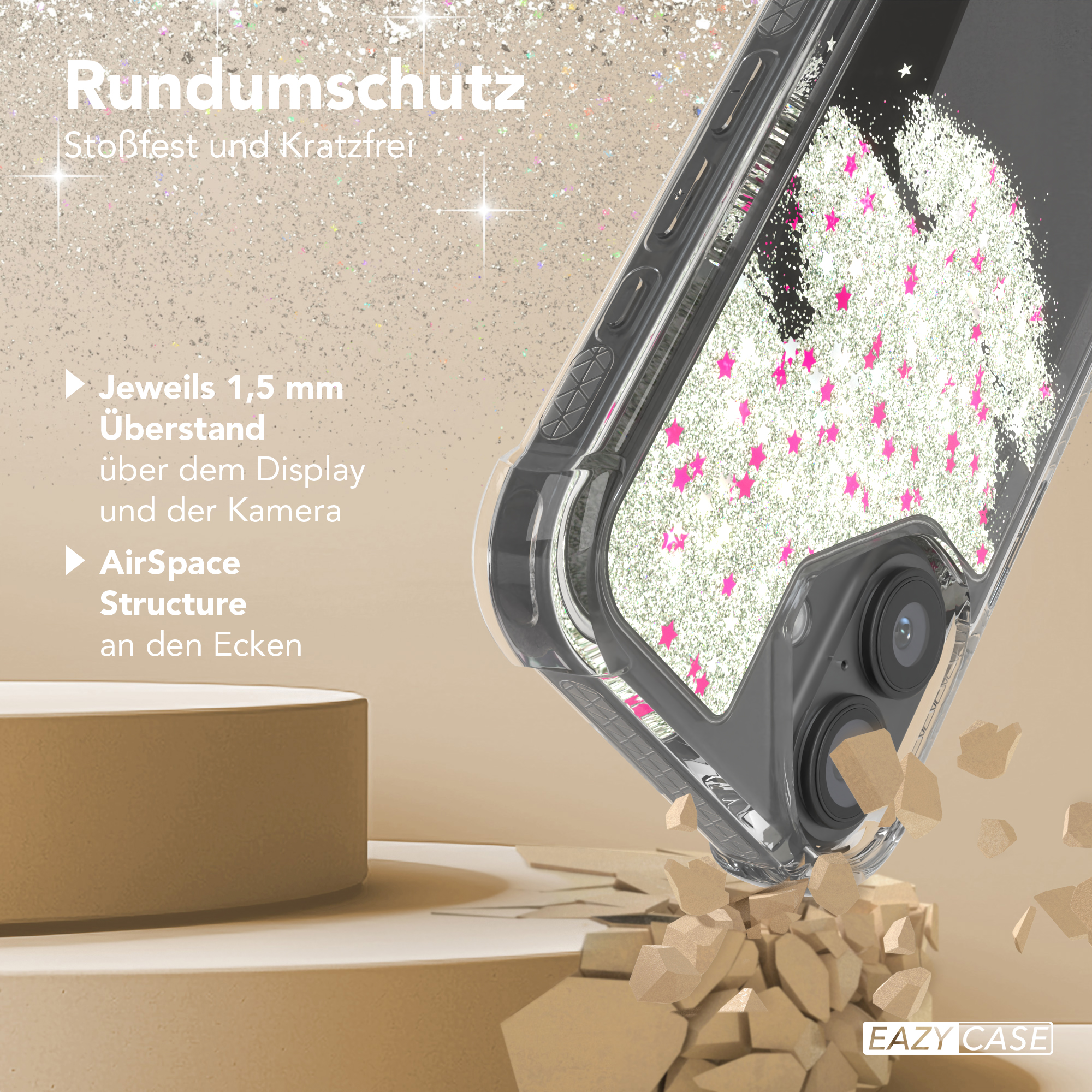 Nahaufnahme einer Handyhülle mit Glitzer und rosa Sterndesign.