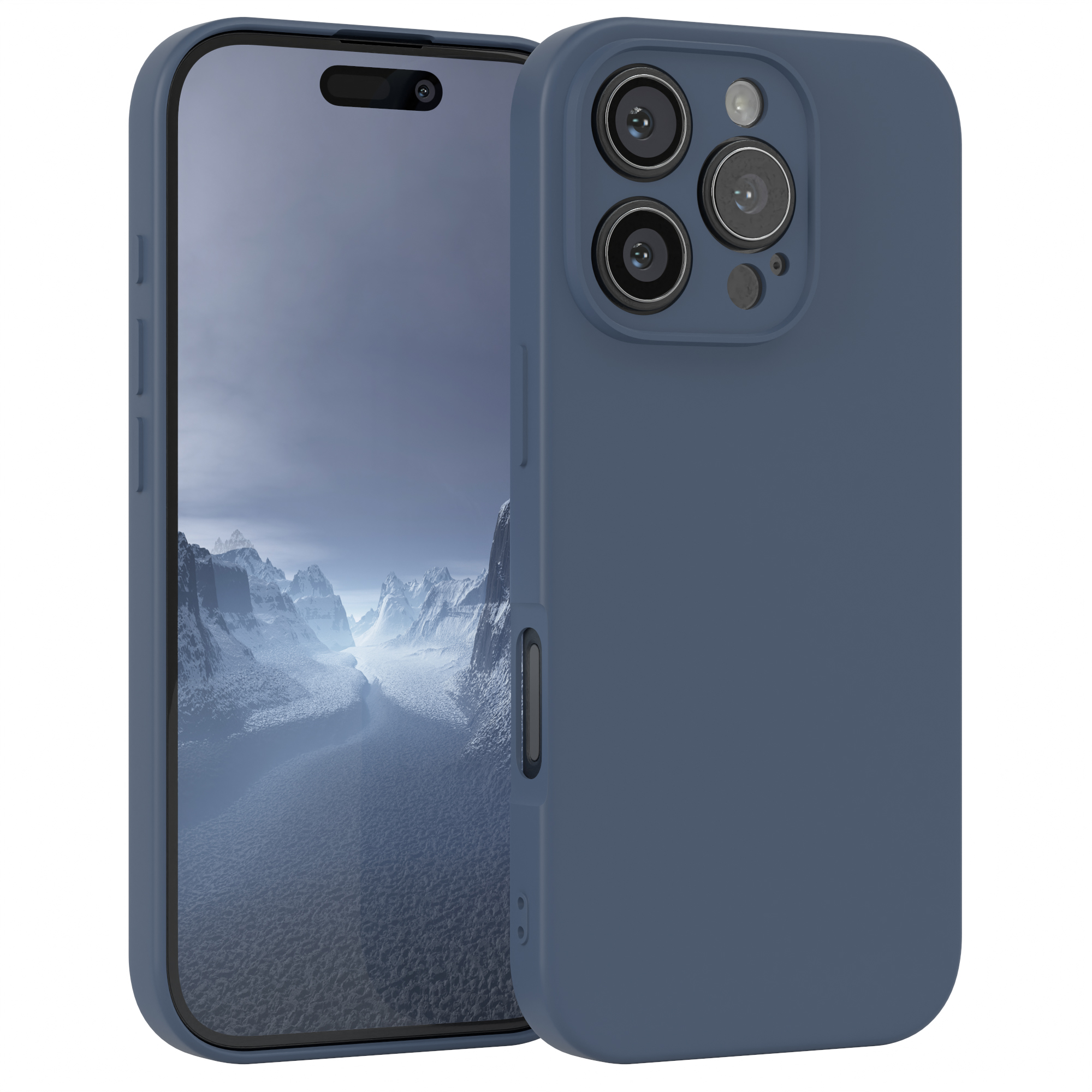 Dunkelblaue Handyhülle auf einem Telefon. Das Telefon befindet sich neben einem anderen Telefon. Beide haben Kameras.