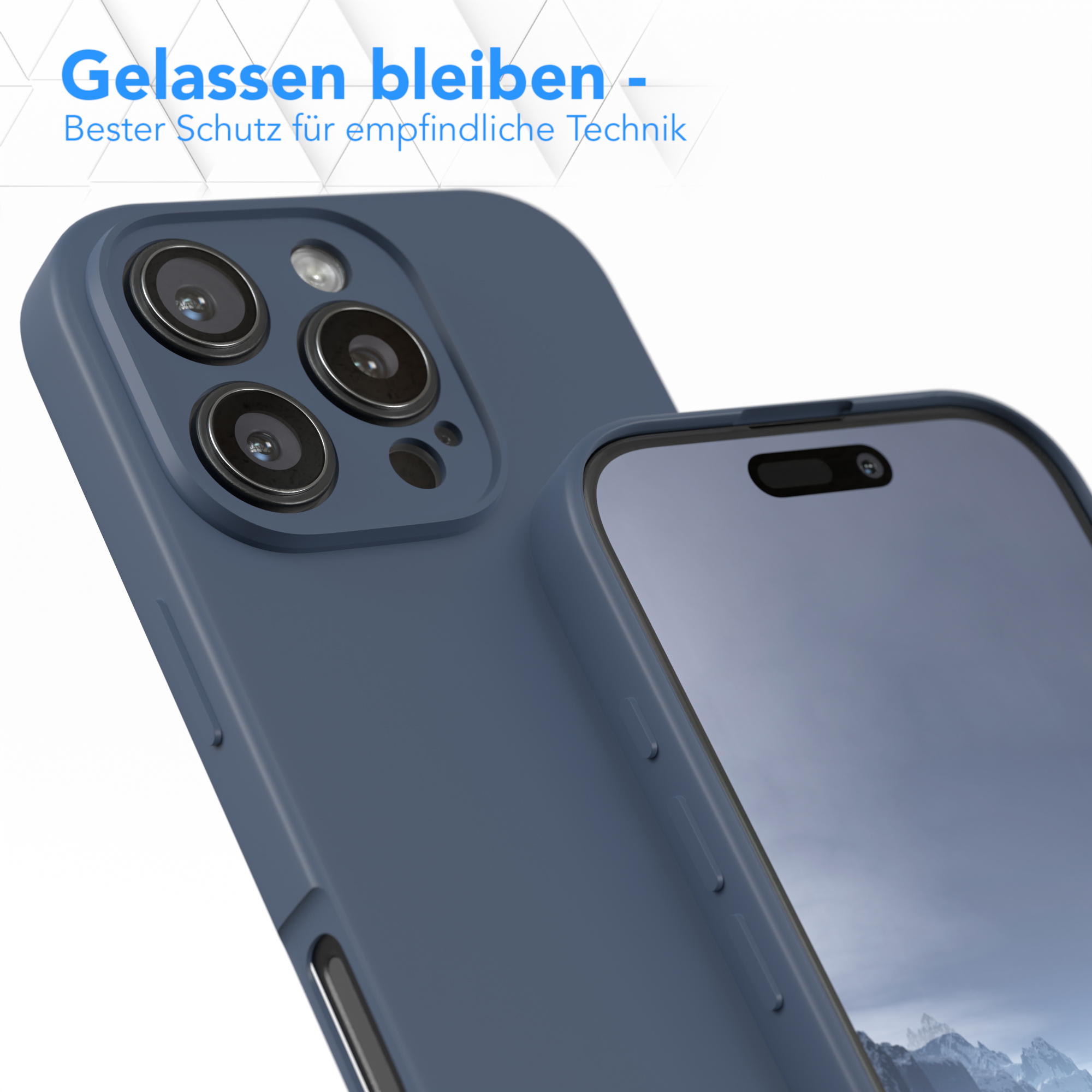 Nahaufnahme einer blauen Handyhülle. Die Handyhülle hat drei Kameralinsen.
