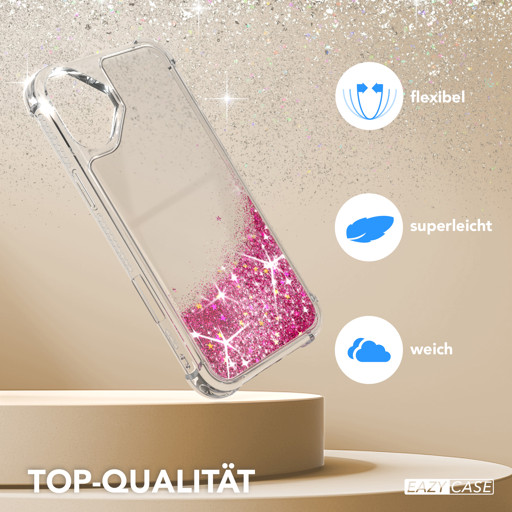 Glitzer-Handyhülle mit Telefon, Text und Symbolen.