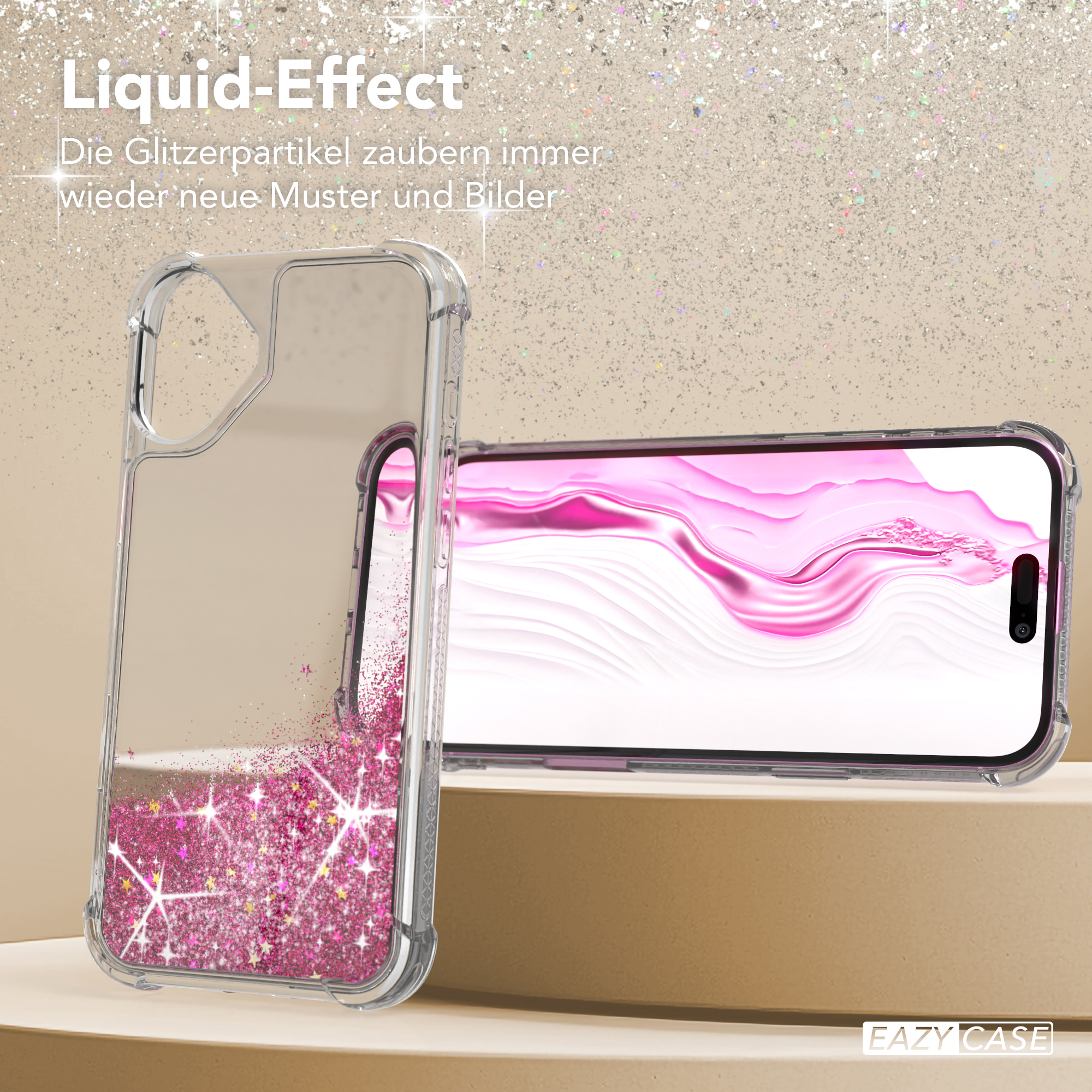 Eine Handyhülle mit rosa Glitzerflüssigkeit. Das Telefon ist auf einem weißen Bildschirm.