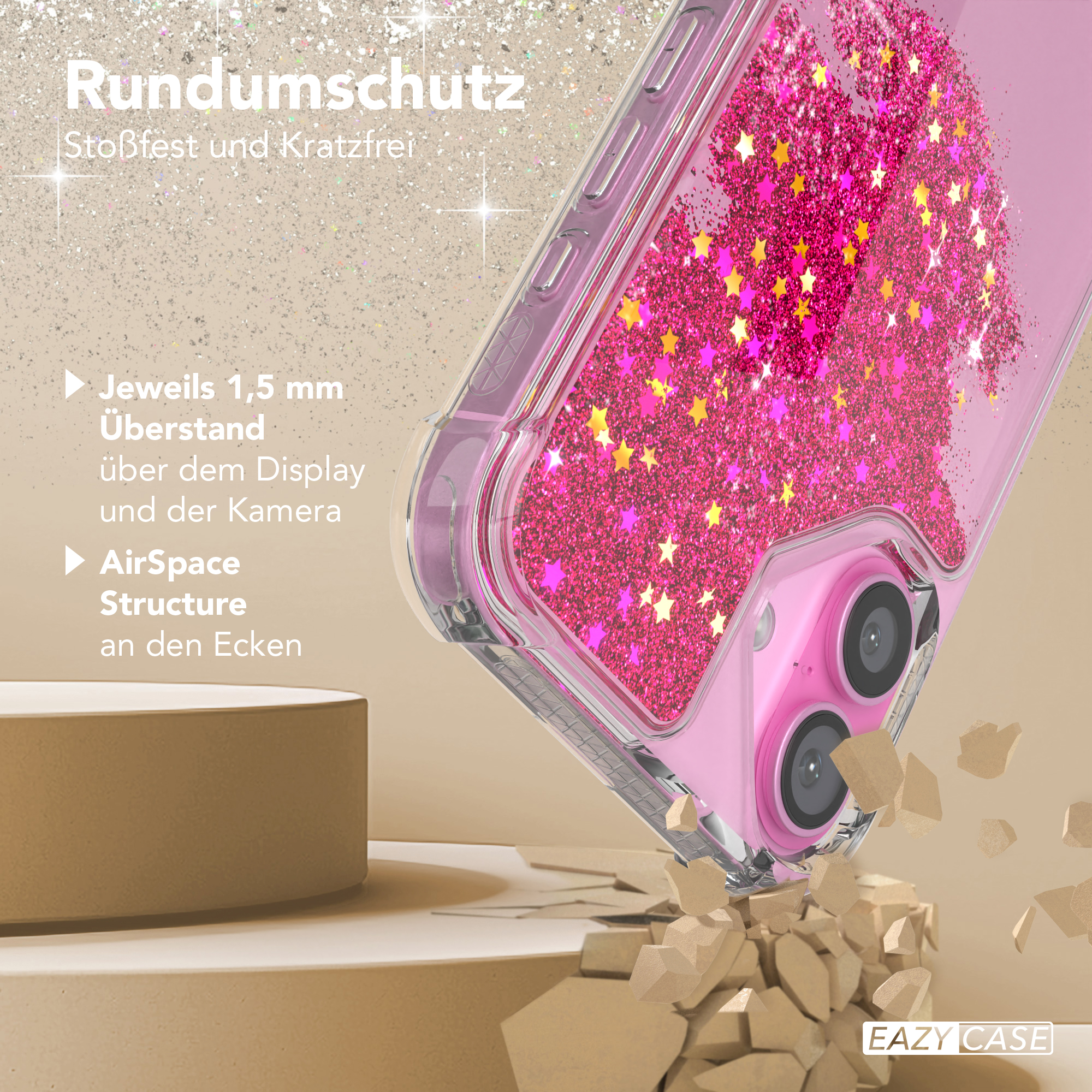 Eine Handyhülle wird fallen gelassen. Sie ist rosa mit Glitzer und Sternen. Die Hülle ist transparent.