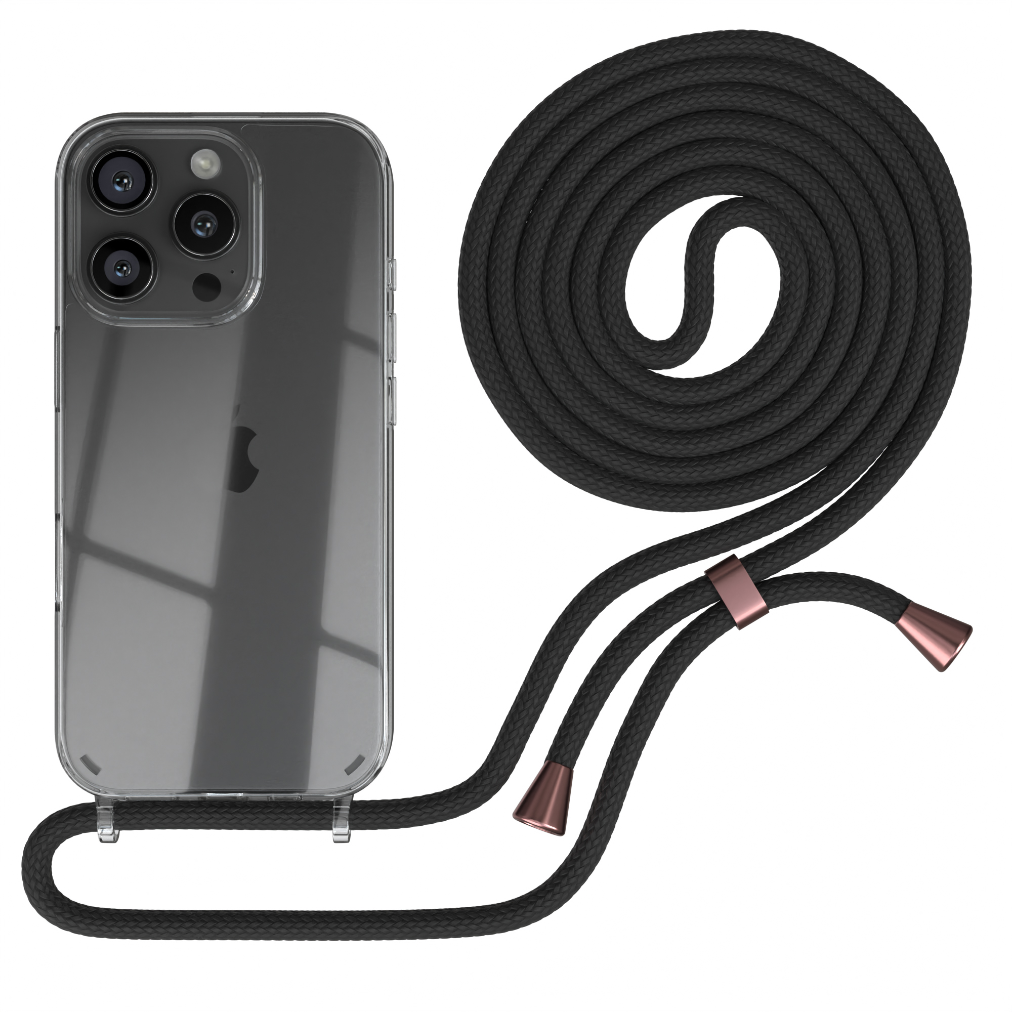 Transparente Handyhülle mit schwarzem Seil. Telefon sichtbar. Weißer Hintergrund.