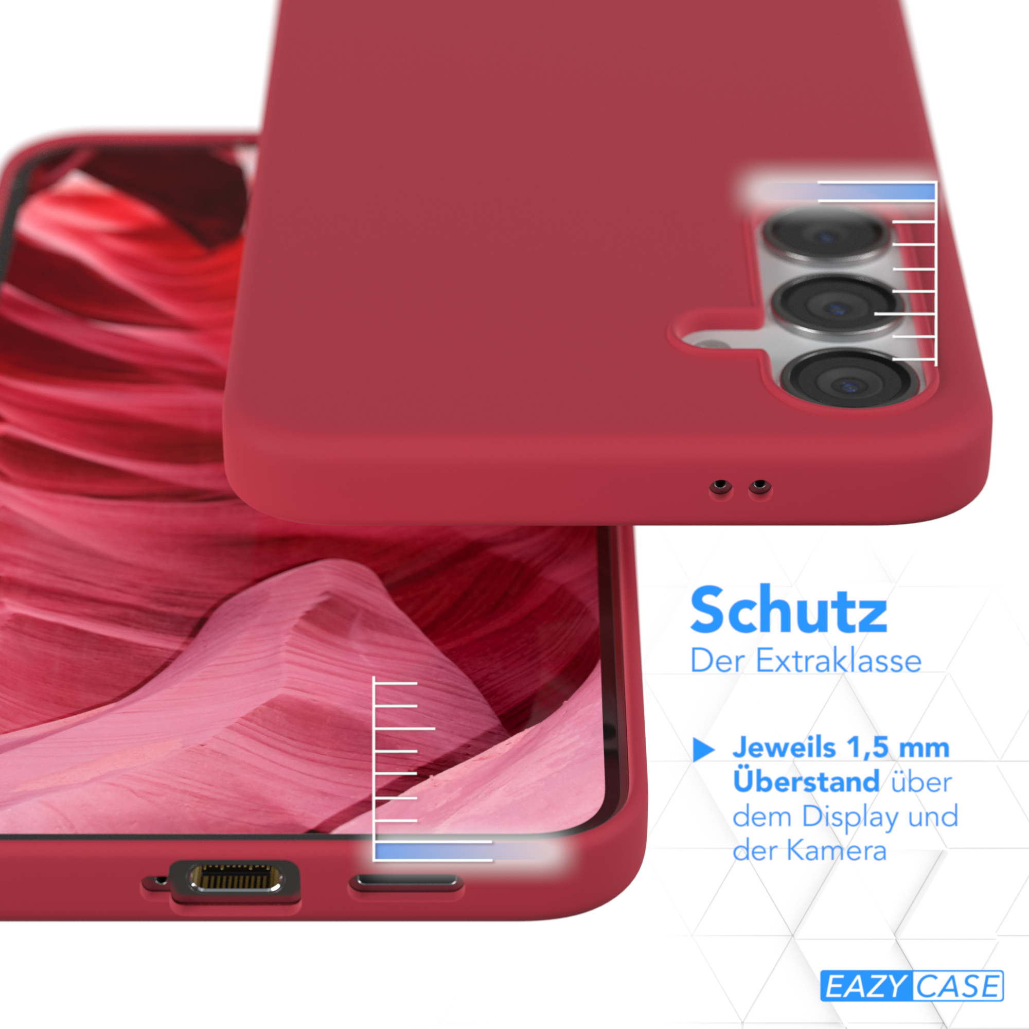 Zwei rote Handyhüllen, die die Details des Schutzes zeigen.