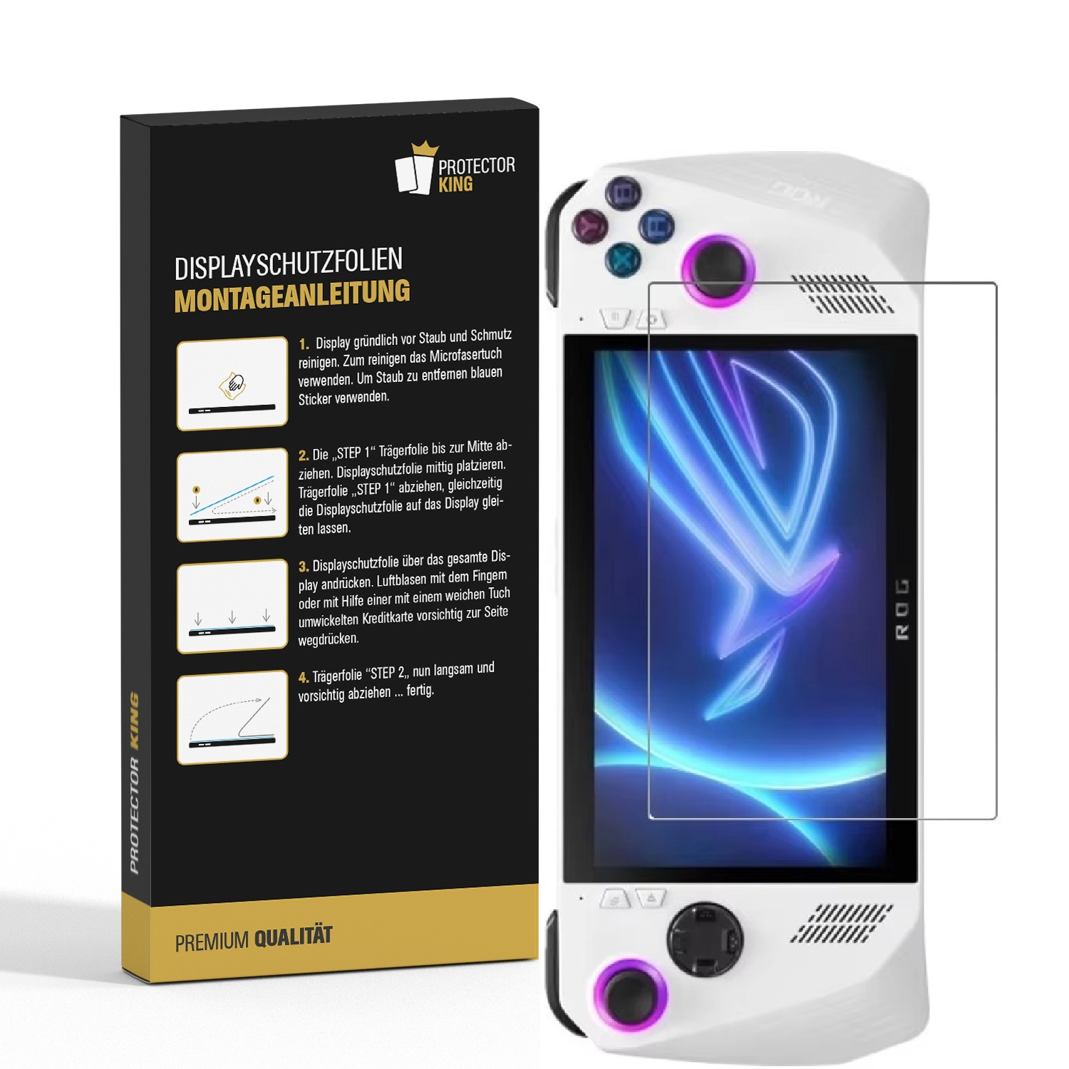 Eine Spielkonsole mit Displayschutz und Anweisungen. Text: Displayschutzfolien Montageanleitung.