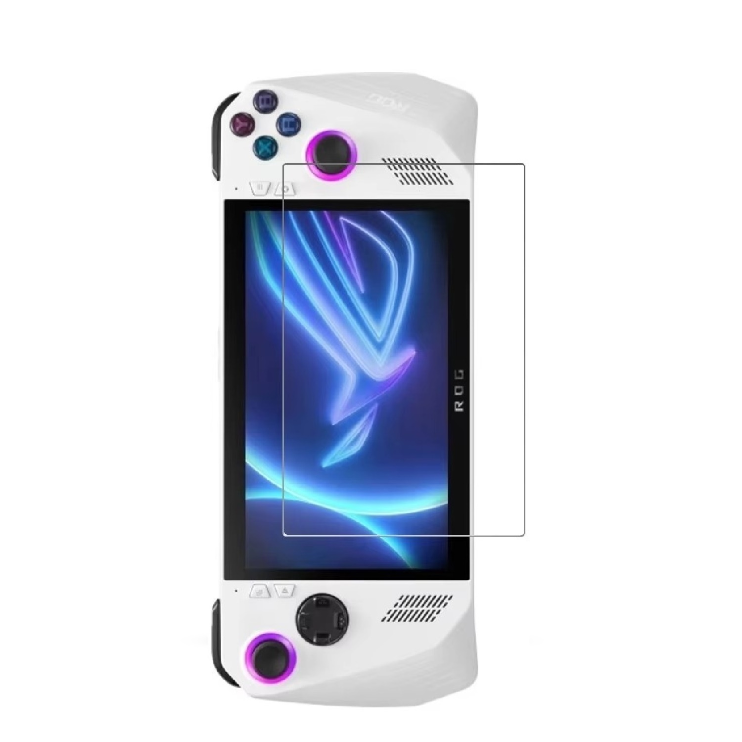 Weiße Handheld-Spielkonsole mit angebrachtem Displayschutz, schwarzen Bedienelementen und farbigen Tasten.