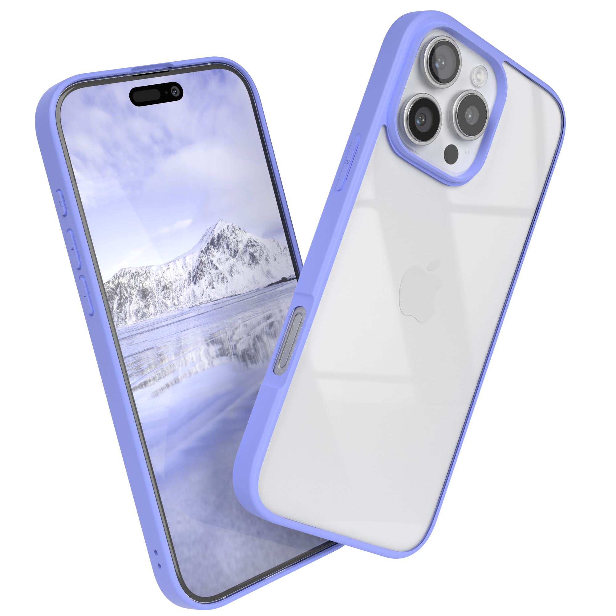 Zwei Telefone in Hüllen, eines blau, das andere transparent, weißer Hintergrund.