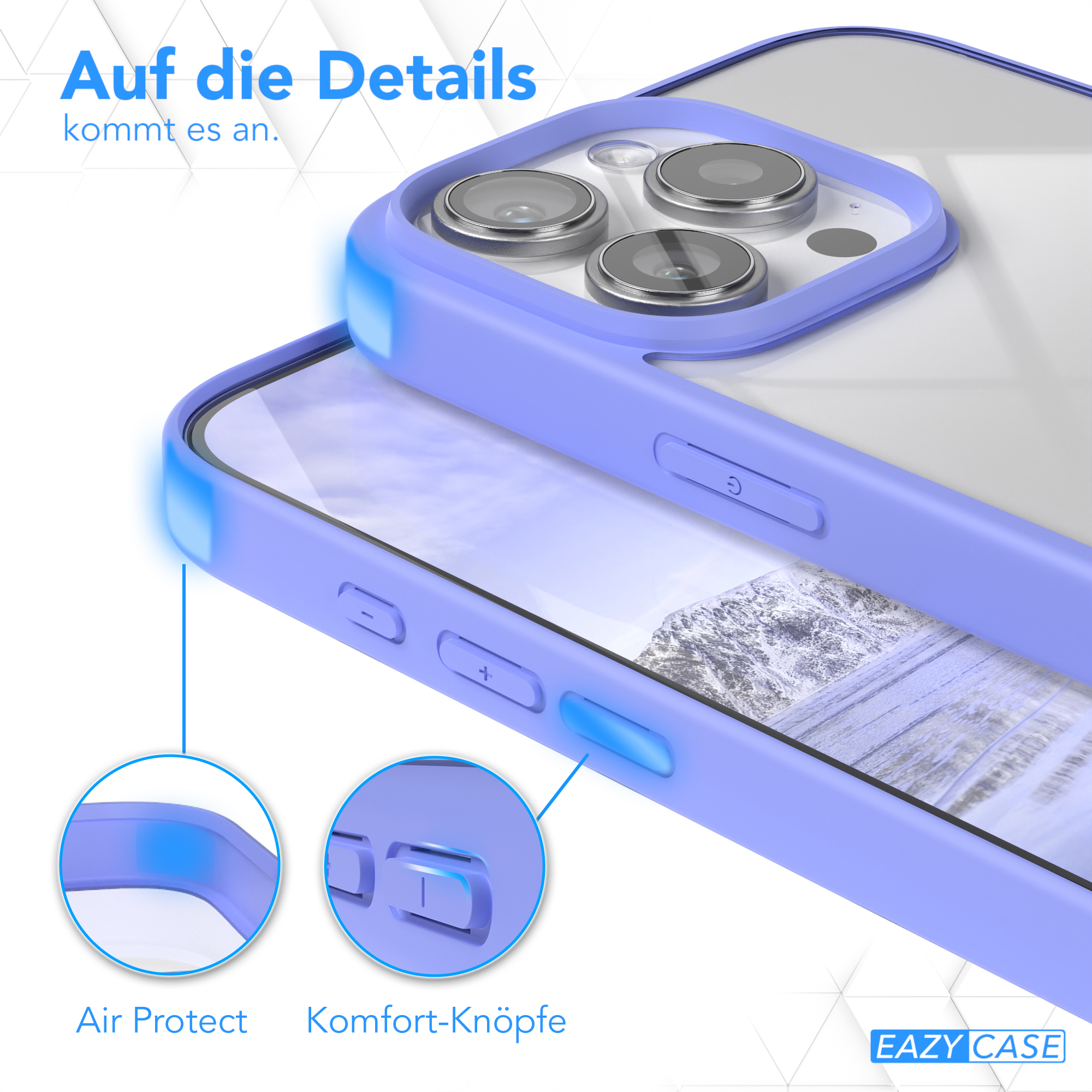 Nahaufnahme einer Handyhülle. Die Knöpfe sind sichtbar und blau. Die Hülle ist lila.