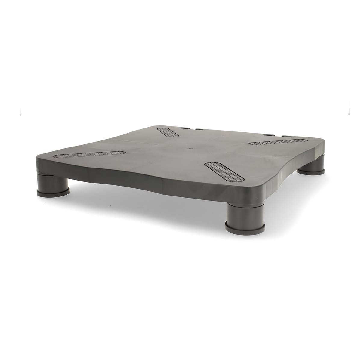 Un support d'ordinateur. Il est gris et a une forme rectangulaire. Le support a quatre pieds.