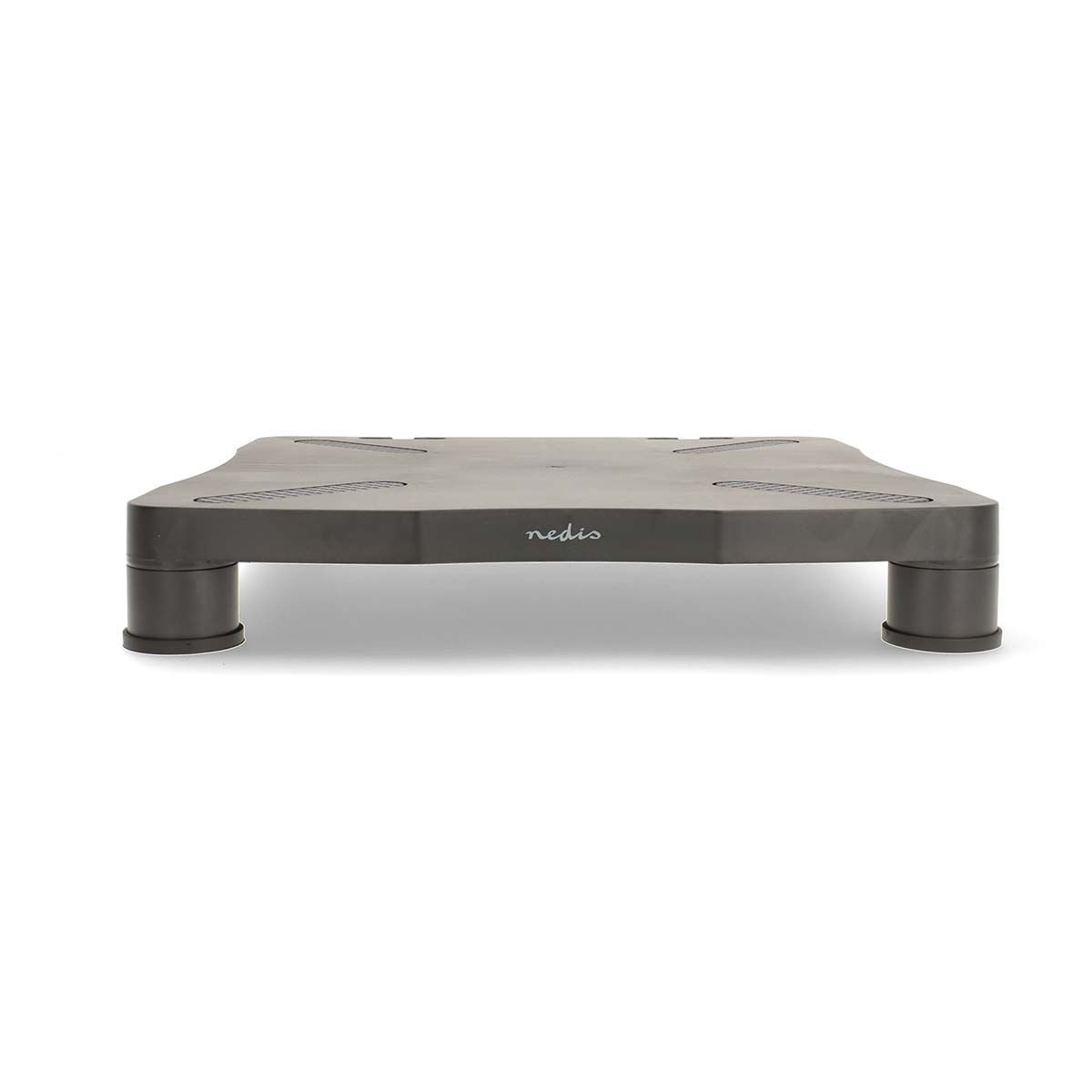 Support d'écran gris avec quatre pieds, avec un fond blanc.