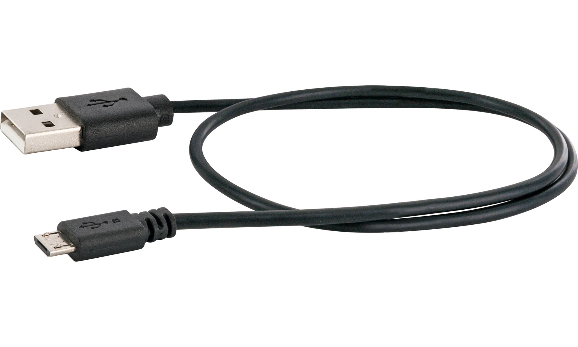 Schwarzes USB-zu-Micro-USB-Kabel, isoliert auf weißem Hintergrund. Nahaufnahme.