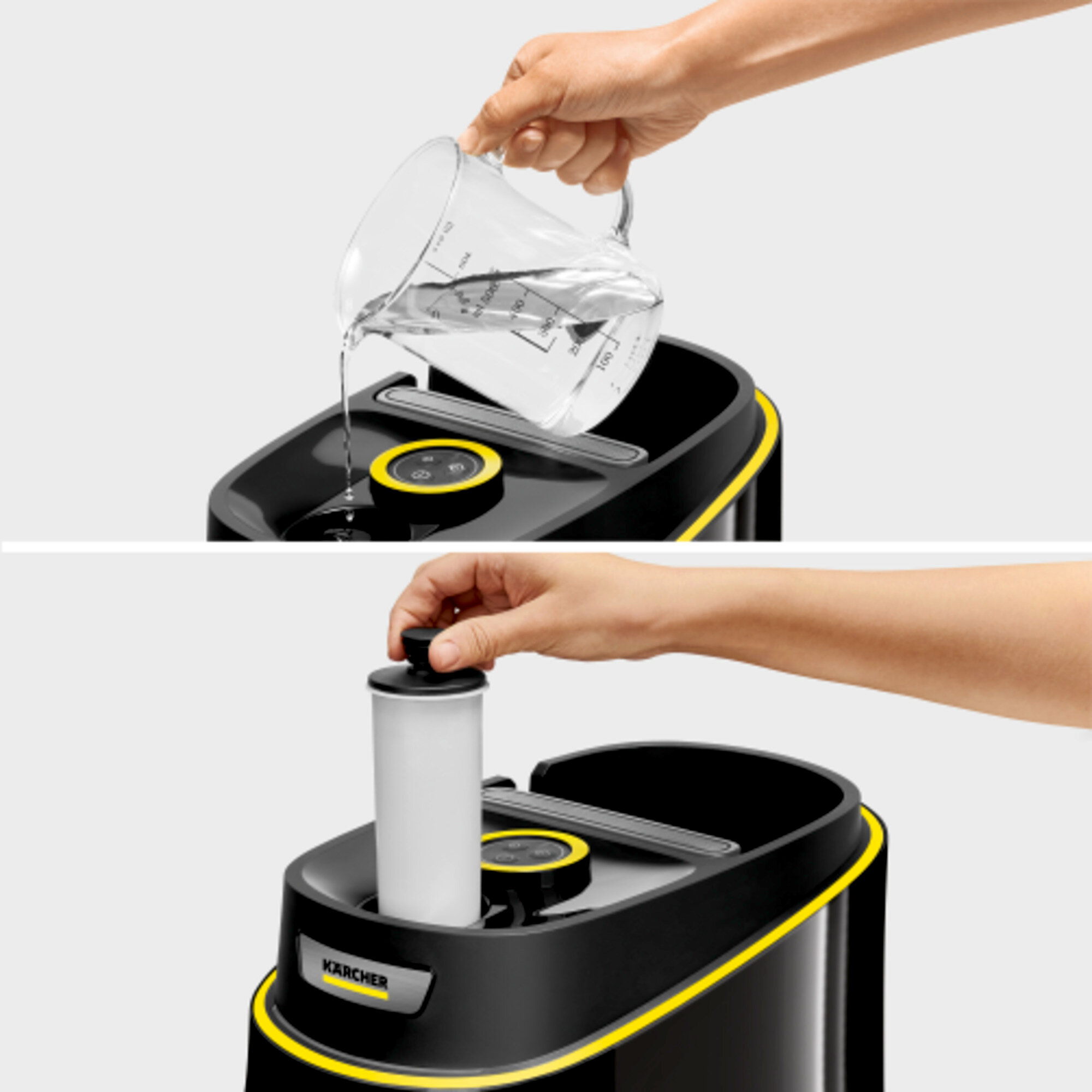 Osoba wlewa wodę do czarno-żółtej maszyny. Następnie wymienia biały filtr.
