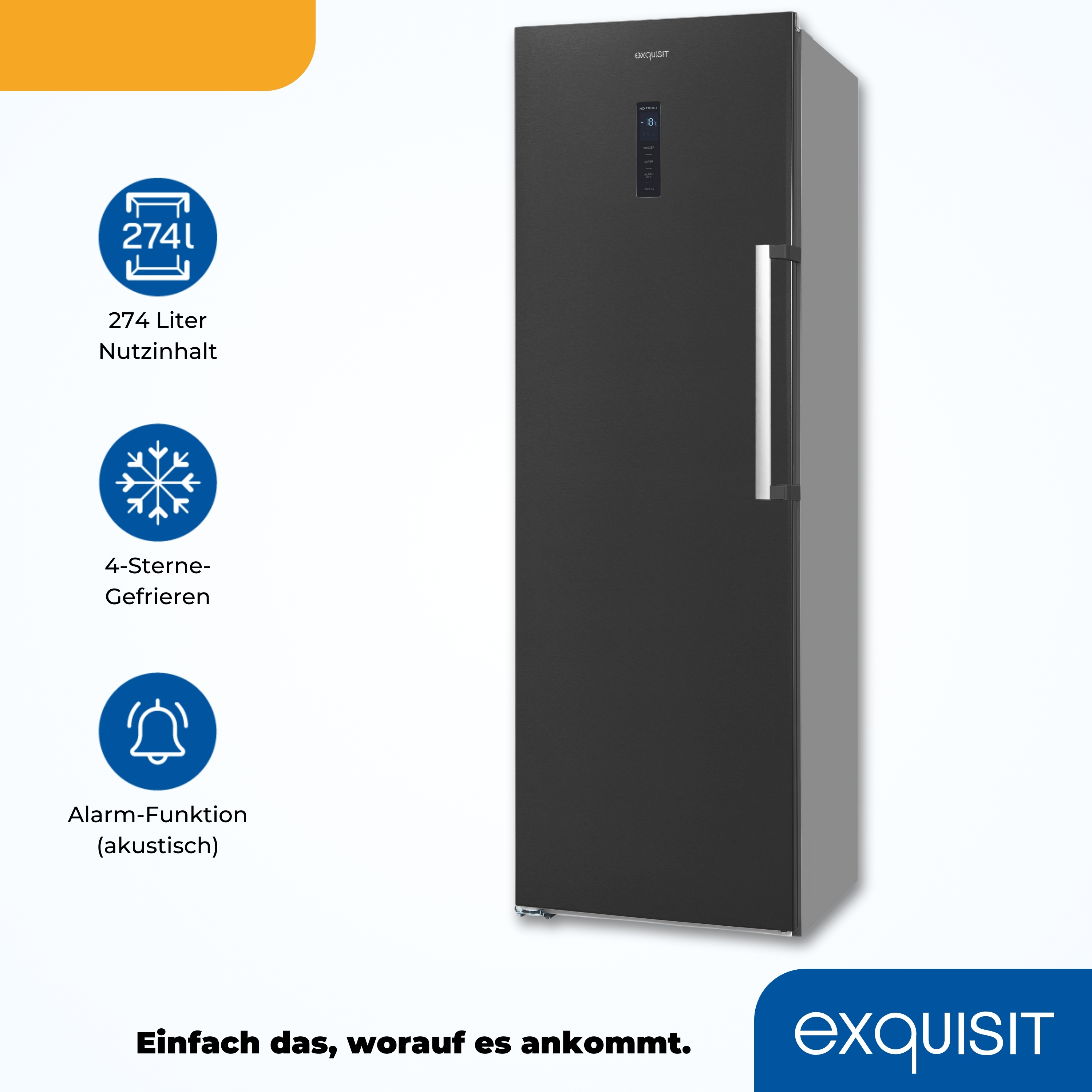 Schwarzer Kühlschrank mit Türgriff und Text, der Funktionen und Kapazität zeigt. Die Marke ist Exquisit.