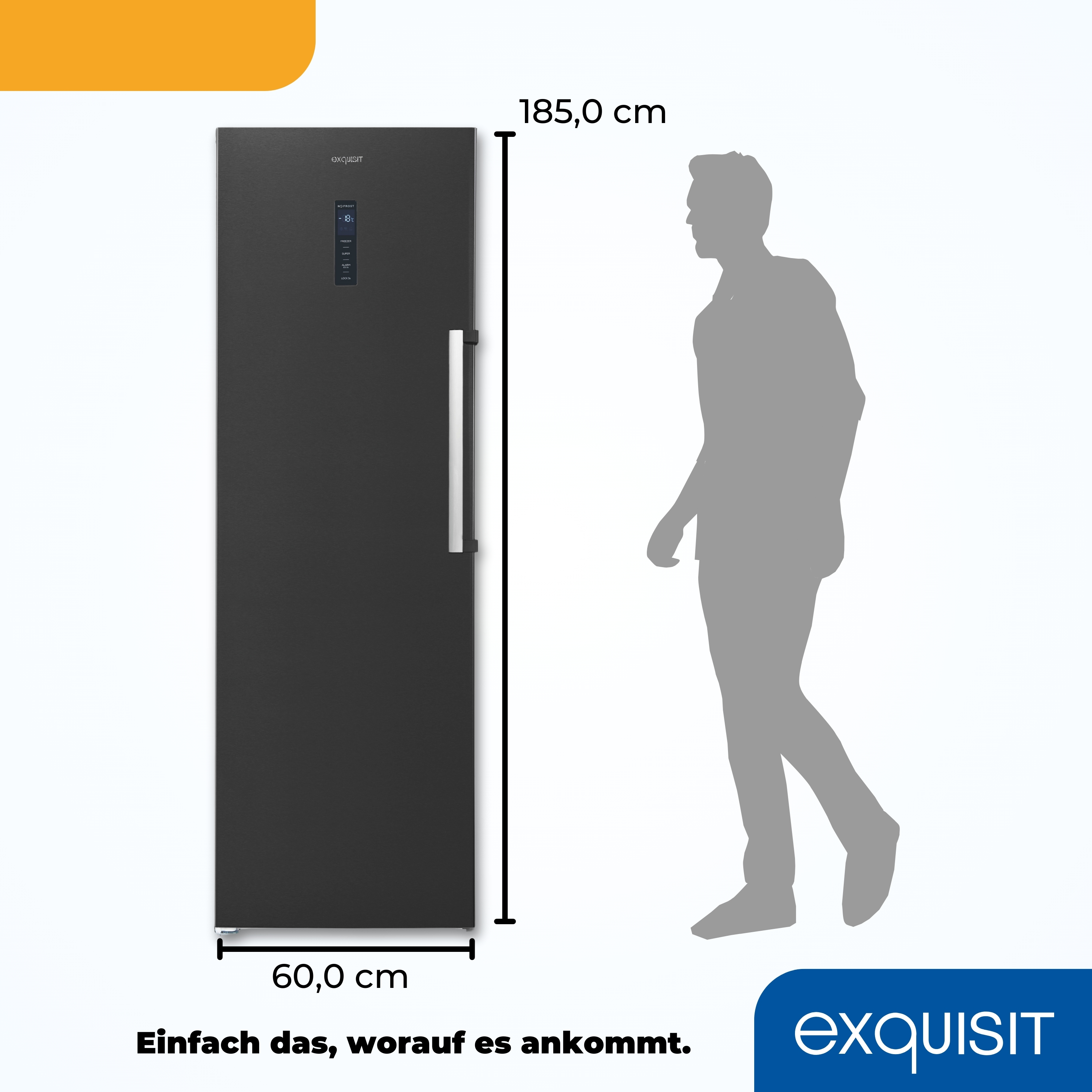 Ein schwarzer Exquisit-Kühlschrank mit Abmessungen und einer Personensilhouette daneben.