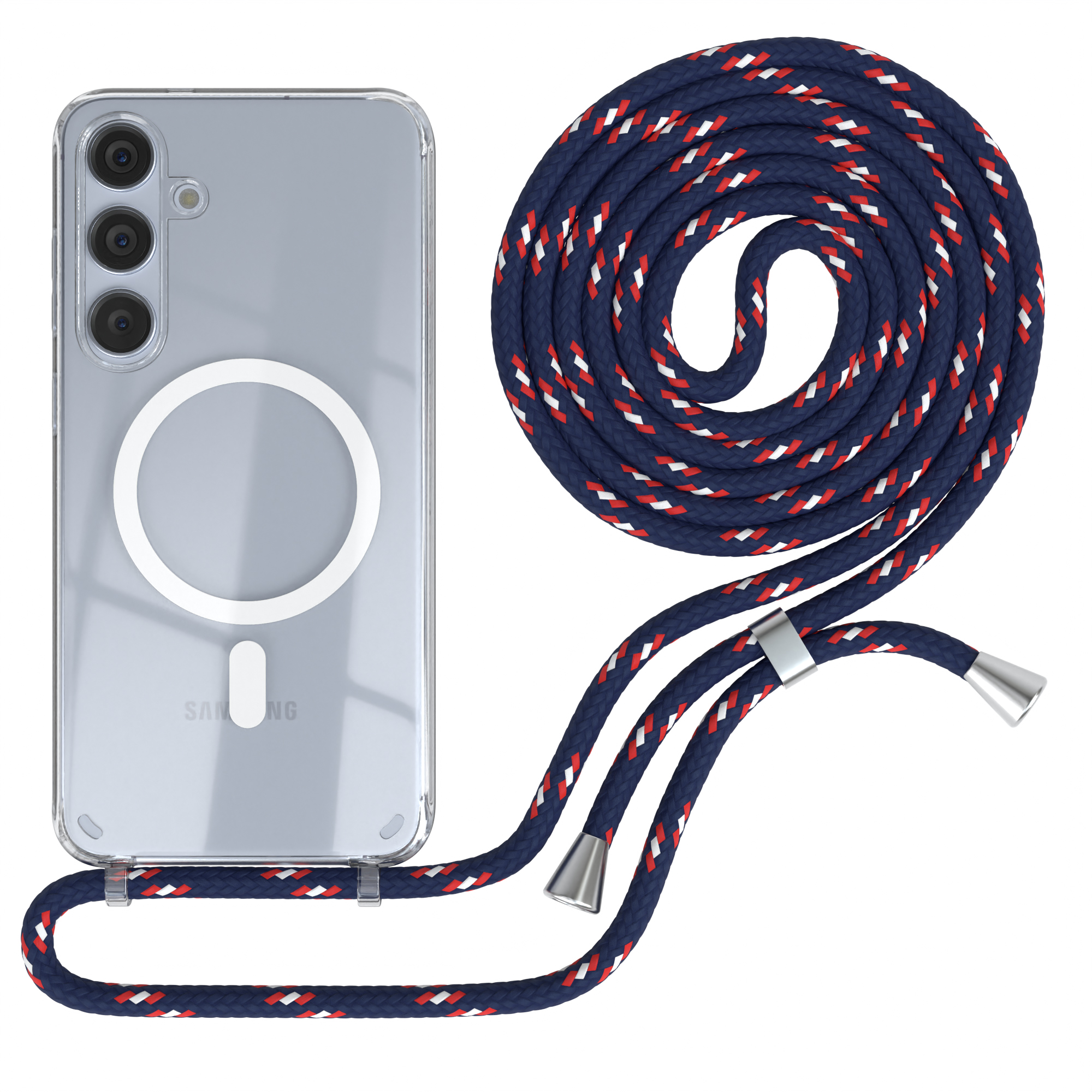Transparente Handyhülle mit blauem, rotem und weißem Umhängeband. Das Telefon hat drei Kameras und einen weißen Kreis.