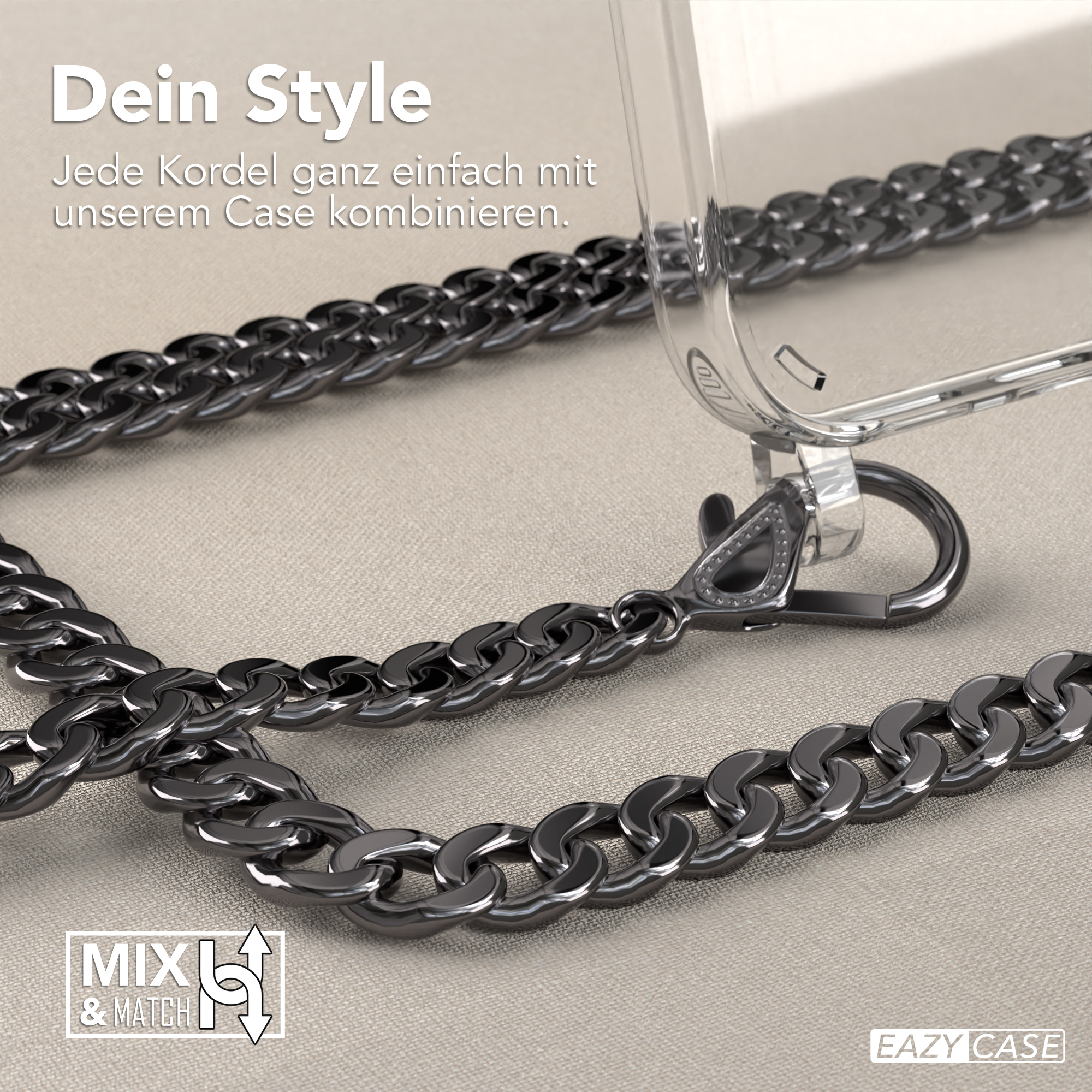 Nahaufnahme einer schwarzen Kette und einer Handyhülle, mit dem Text 'Mix & Match'.