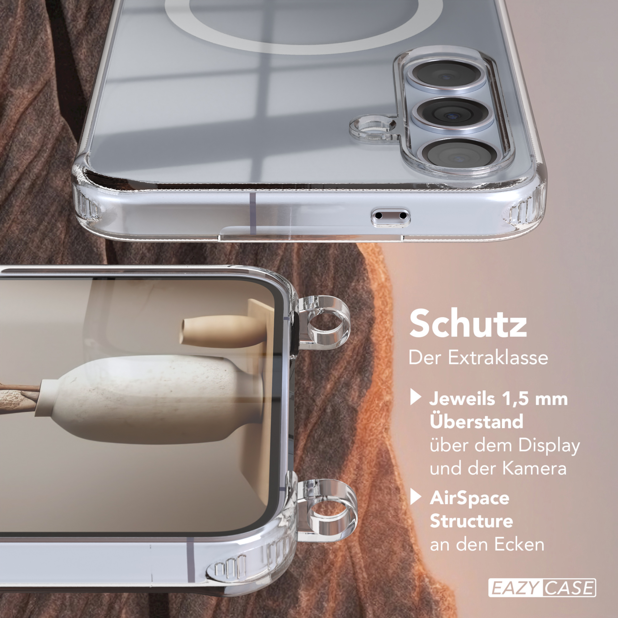 Nahaufnahme einer Handyhülle mit Schutzfunktionen: 1,5 mm Display- und Kameraschutz, AirSpace-Struktur.