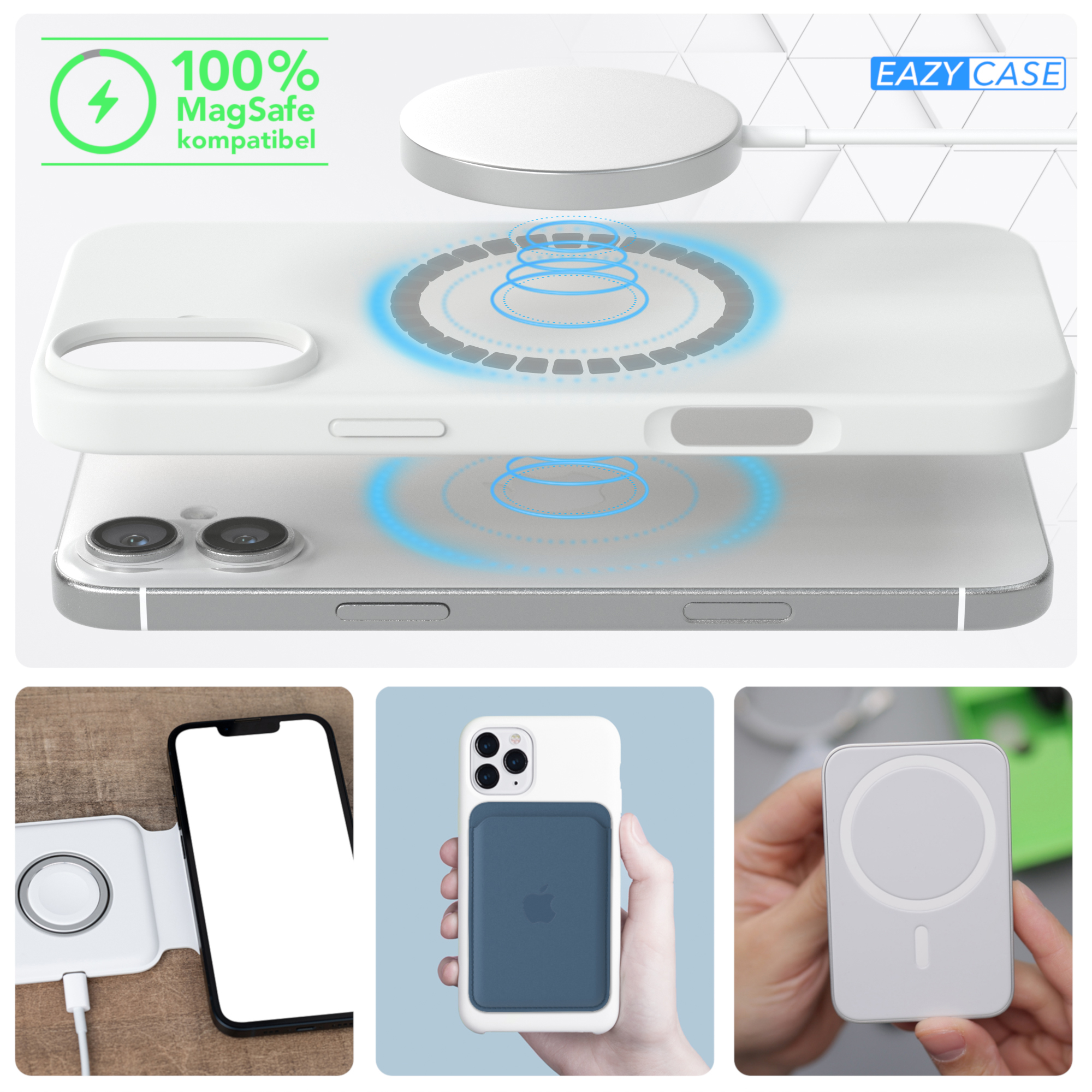 Weißes Telefon mit MagSafe-Ladegerät. 3 kleine Bilder von Ladegerät und Zubehör.