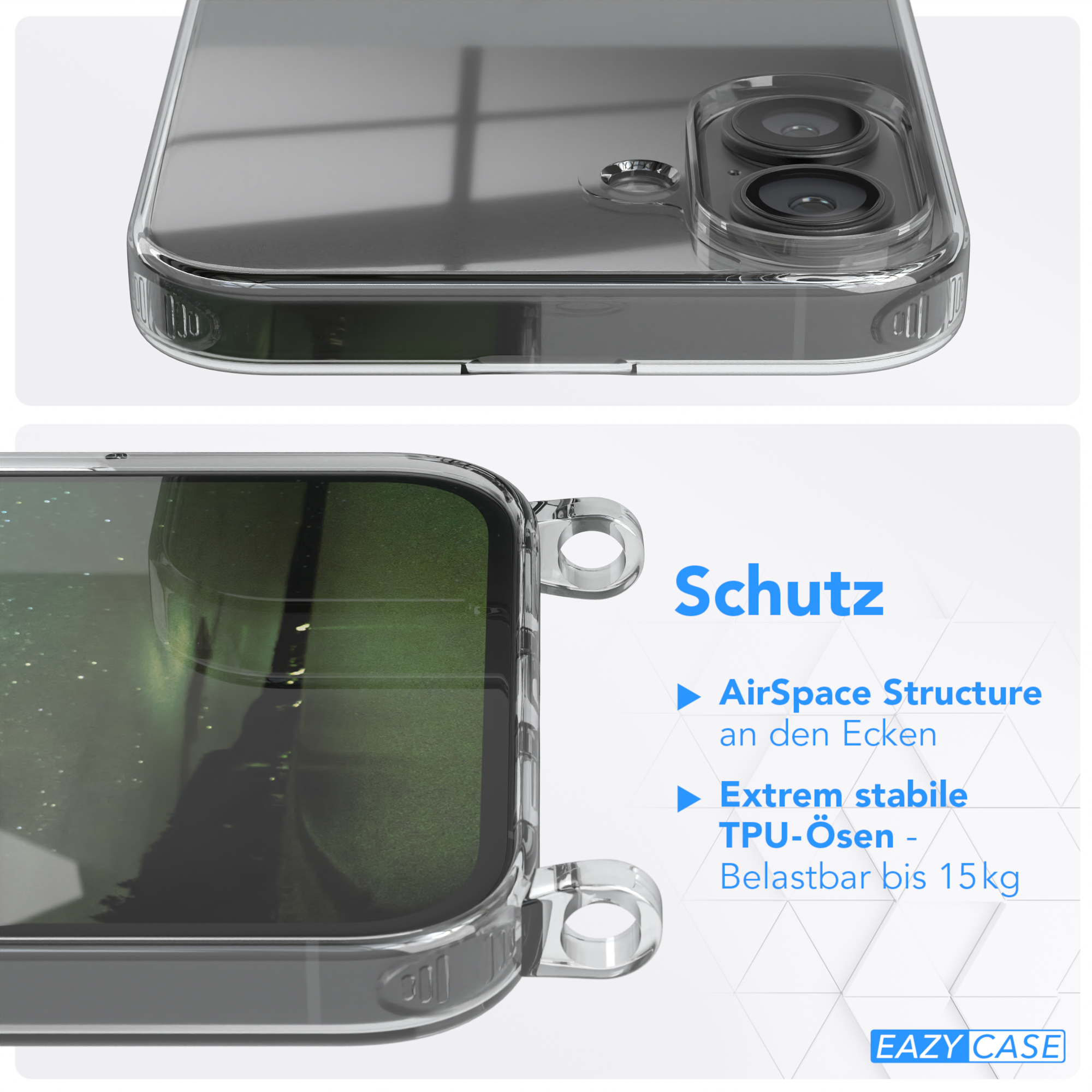 Eine transparente Handyhülle mit einem Telefon darin. Die Hülle zeigt die Seiten und die Oberseite des Telefons.