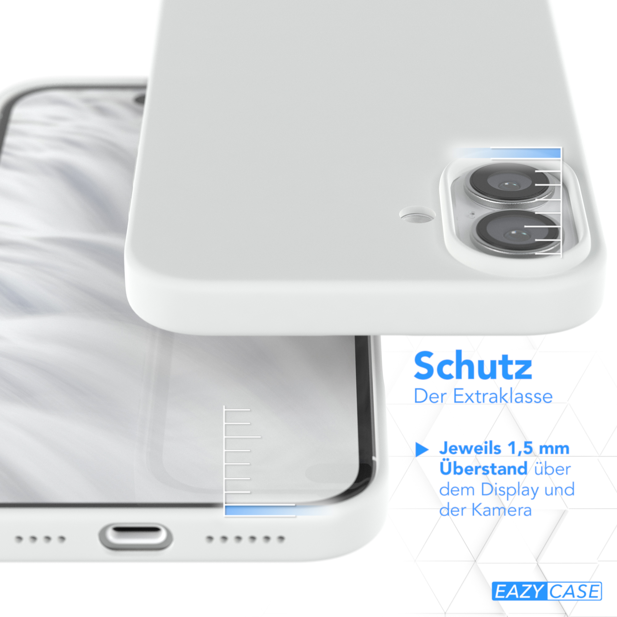 Nahaufnahme einer weißen Handyhülle mit sichtbarem Kamerabereich, Details zum Schutz zeigend.
