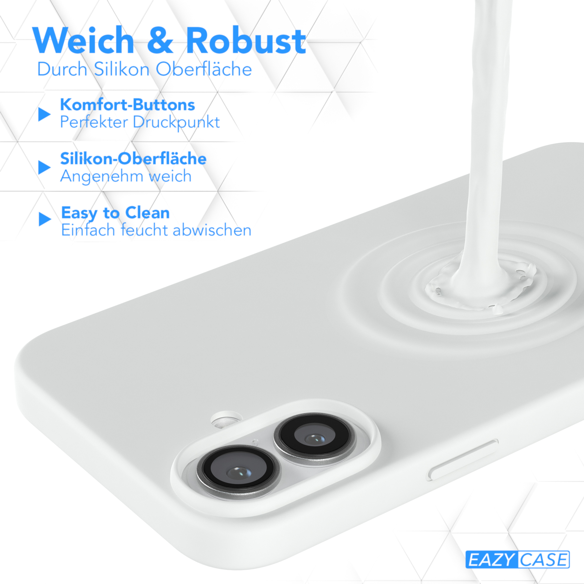 Weißes Handycase mit Kameras, Wasserspritzeffekt. Texte: Weich & Robust, Komfort-Buttons, Silikonoberfläche, Easy to Clean.