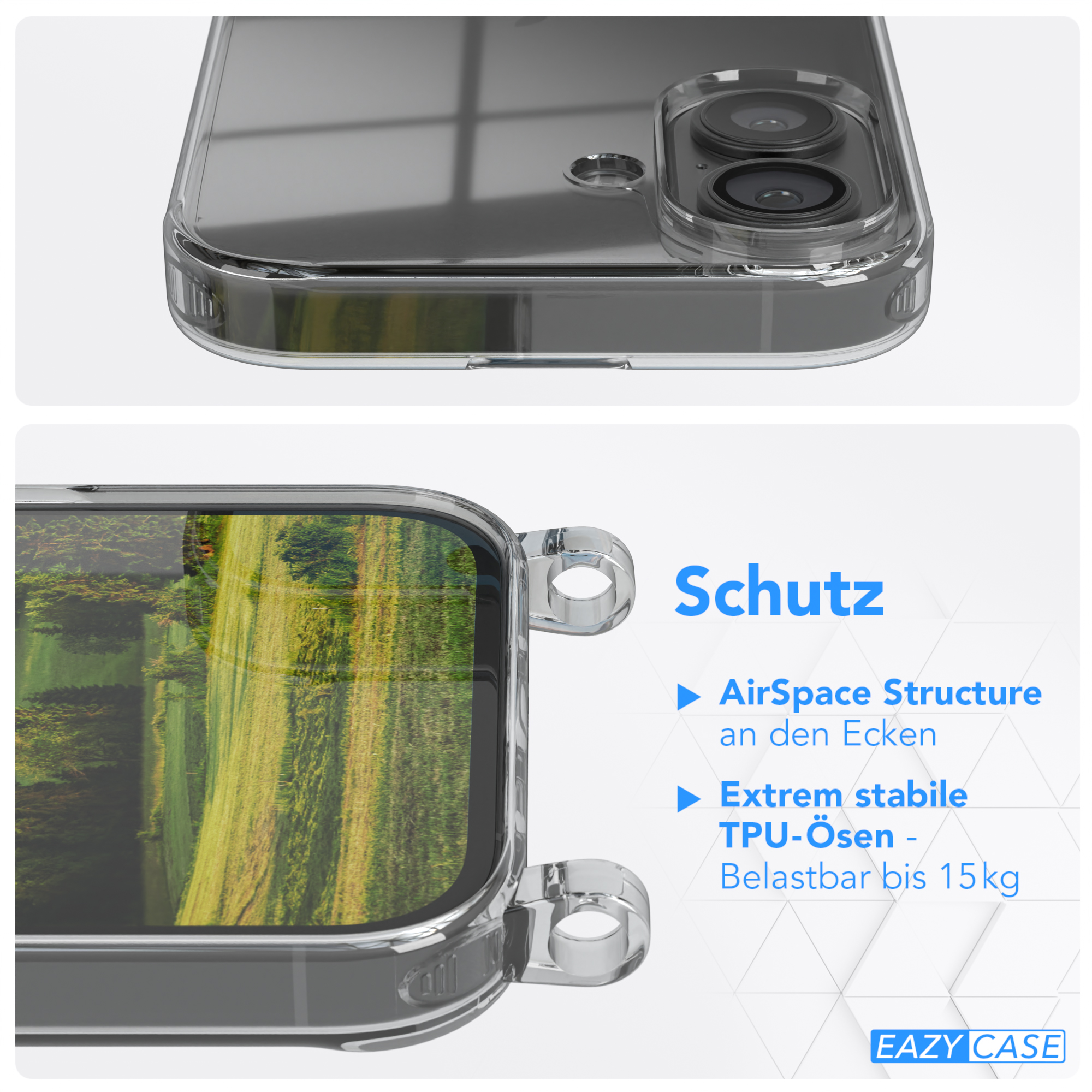 Transparente Handyhülle mit Schutzfunktionen, einschließlich AirSpace Structure und TPU-Ösen.