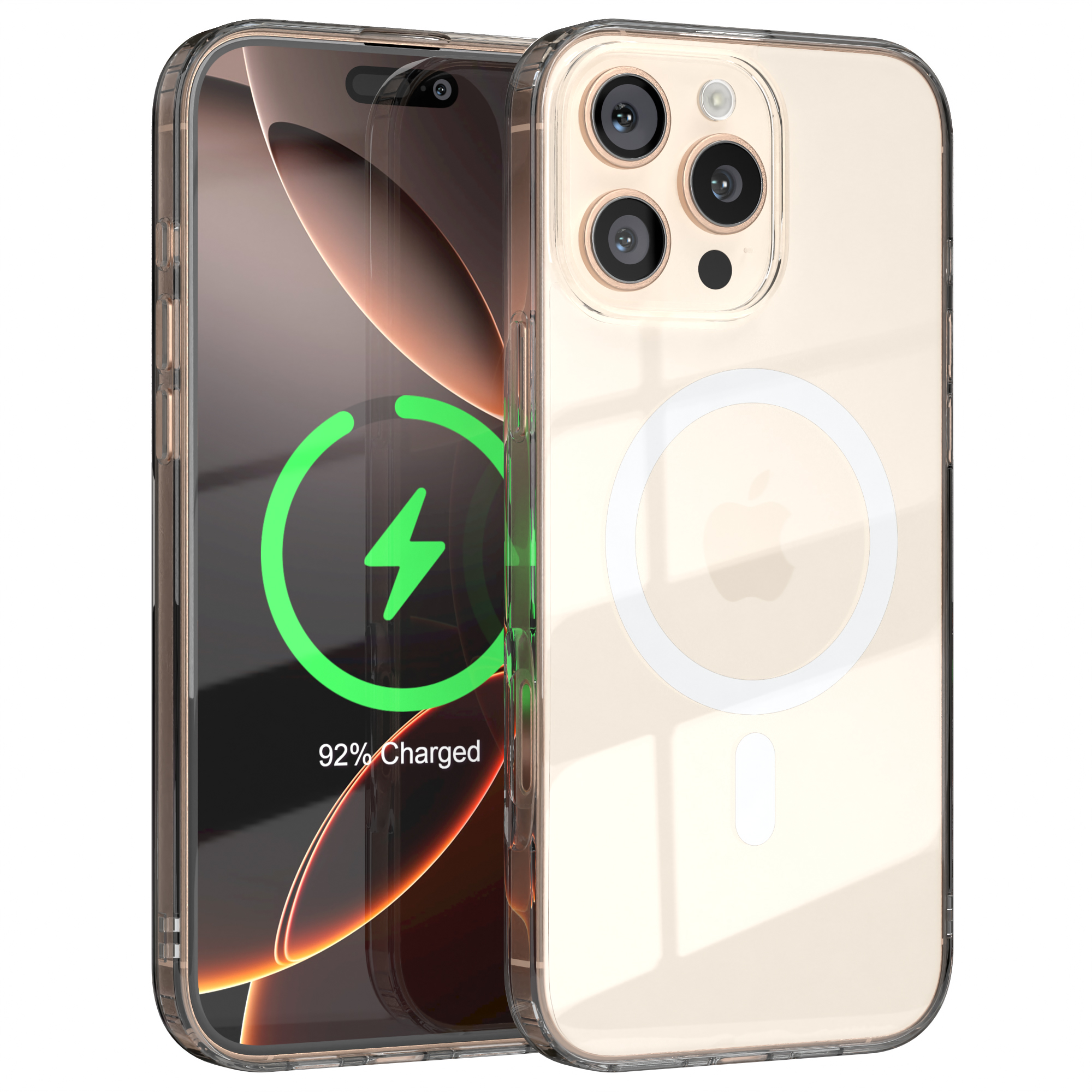 Transparente Handyhülle mit Handy, lädt mit 92%.