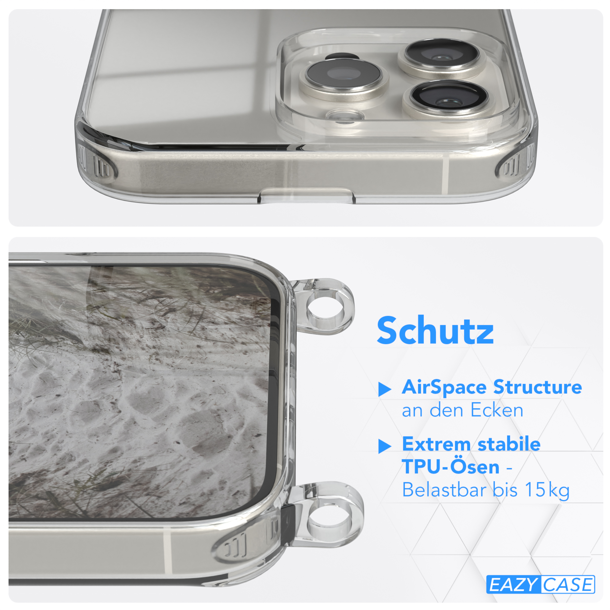 Eine transparente Handyhülle mit einer Strandszene. Details zeigen Schutzfunktionen.