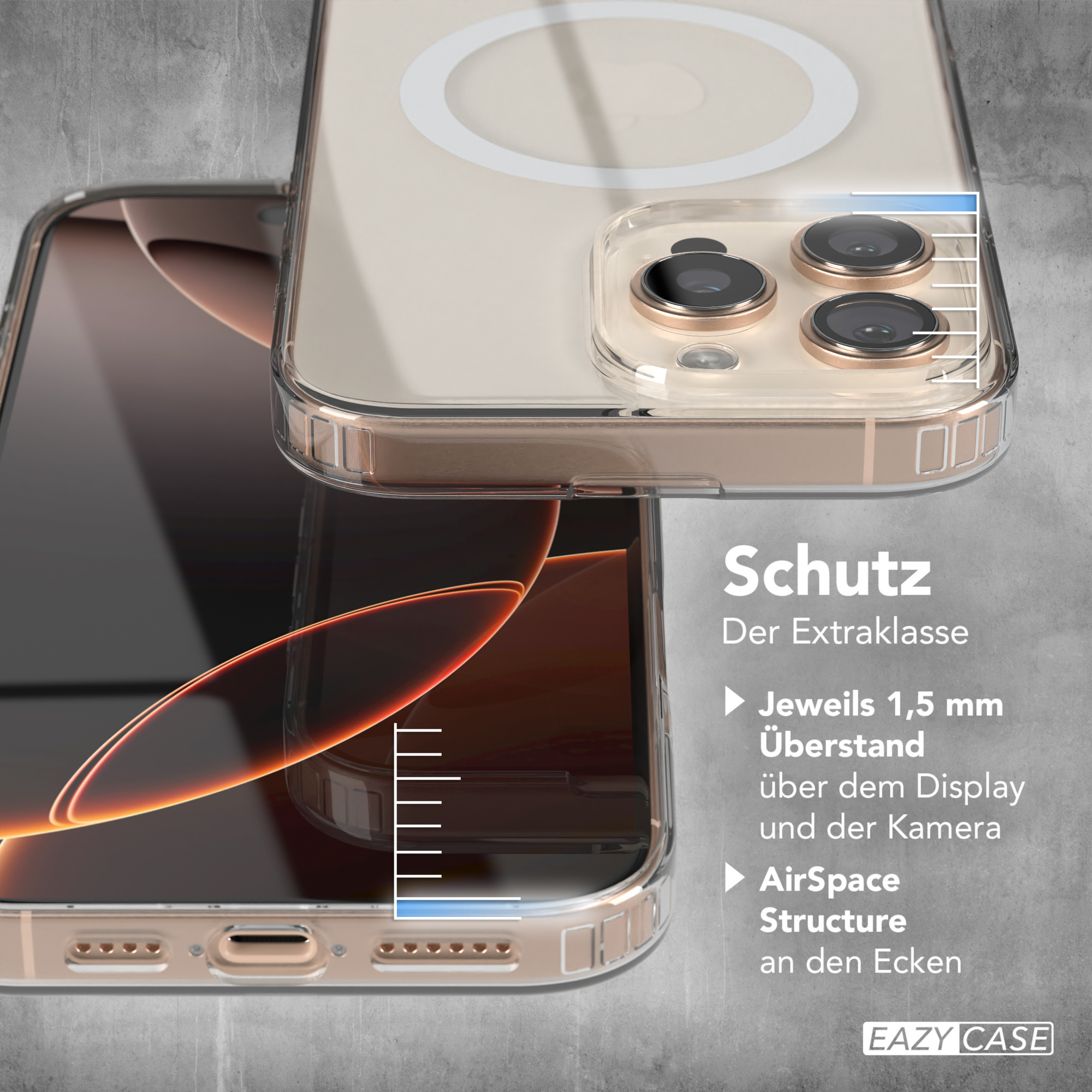 Zwei transparente Handyhüllen mit goldenem Rand, die den Kamerabereich und ein Telefon detailliert zeigen.
