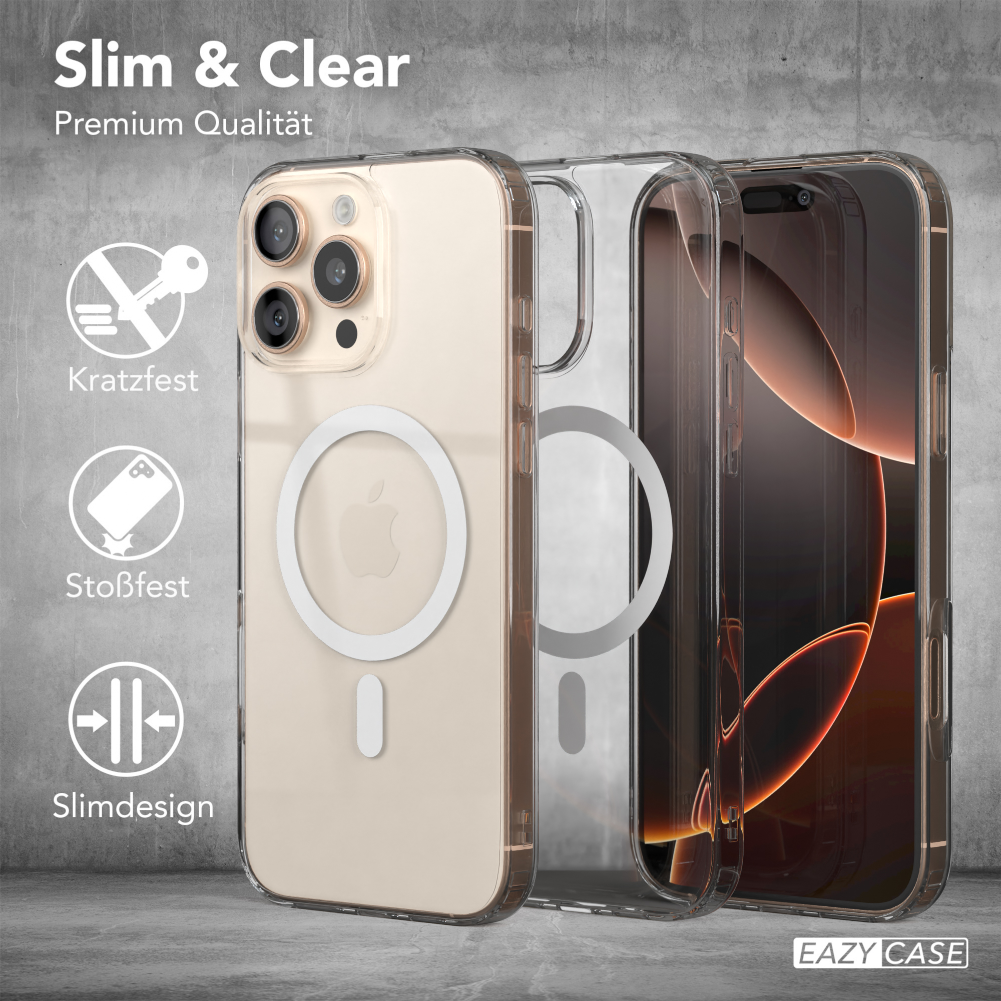 Drei Handyhüllen, eine transparente, eine mit einem weißen MagSafe-Ring und eine mit einem Telefon.