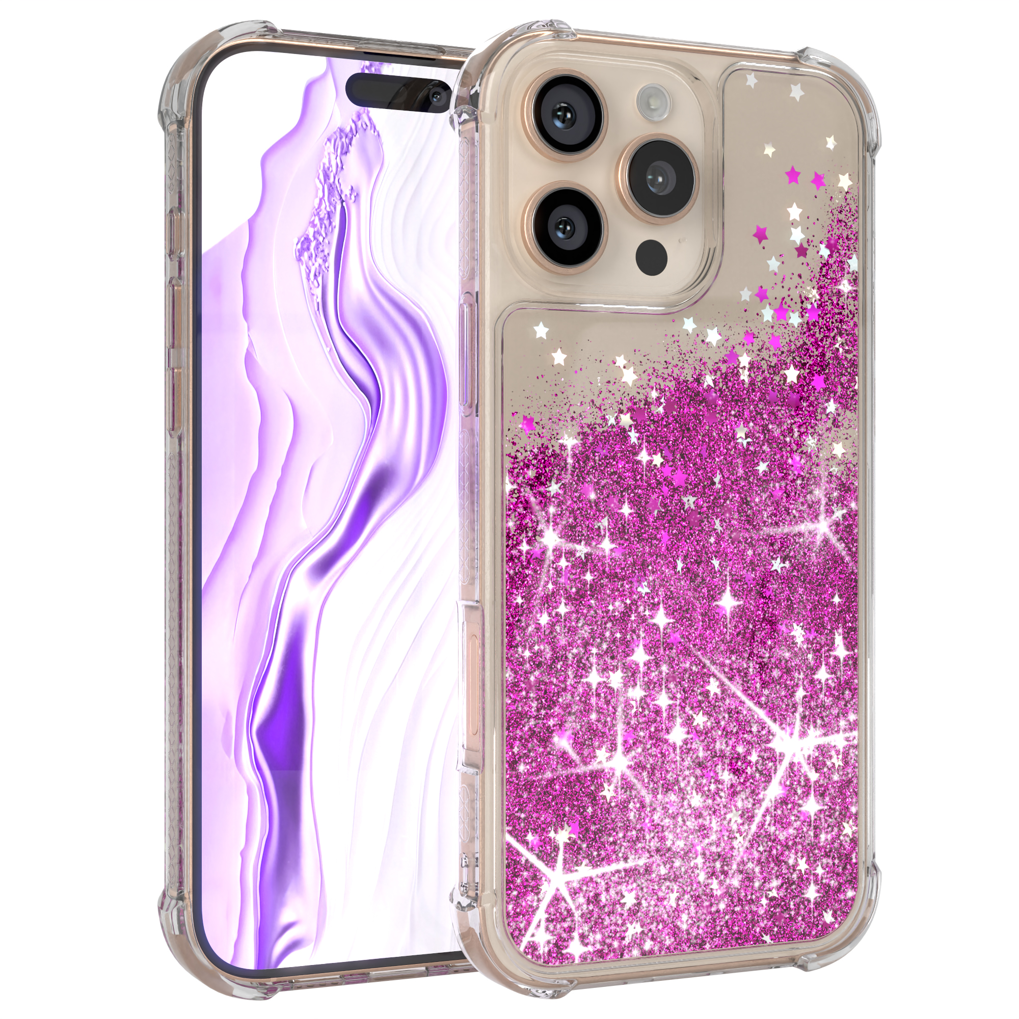 Transparente Handyhülle mit rosa Glitzersternen, teilweise ein Telefon abdeckend.
