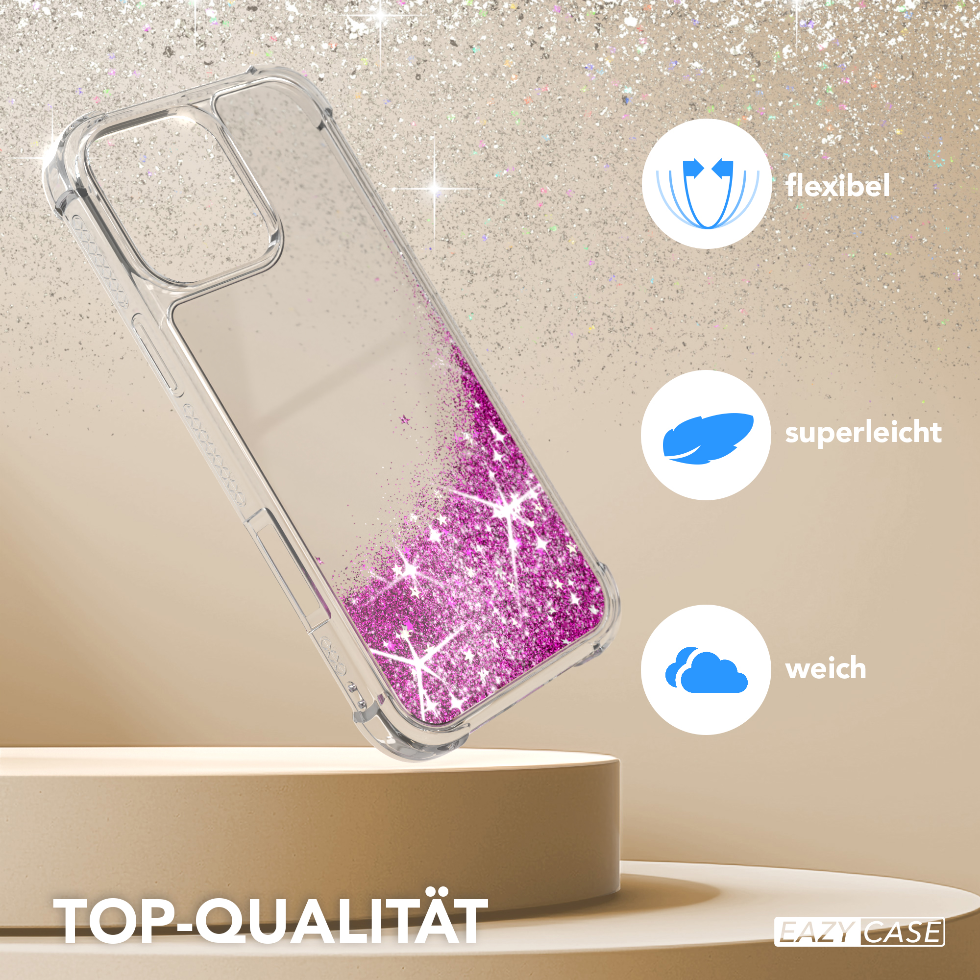 Eine transparente Handyhülle mit rosa Glitzer, auf einem goldenen Ständer.
