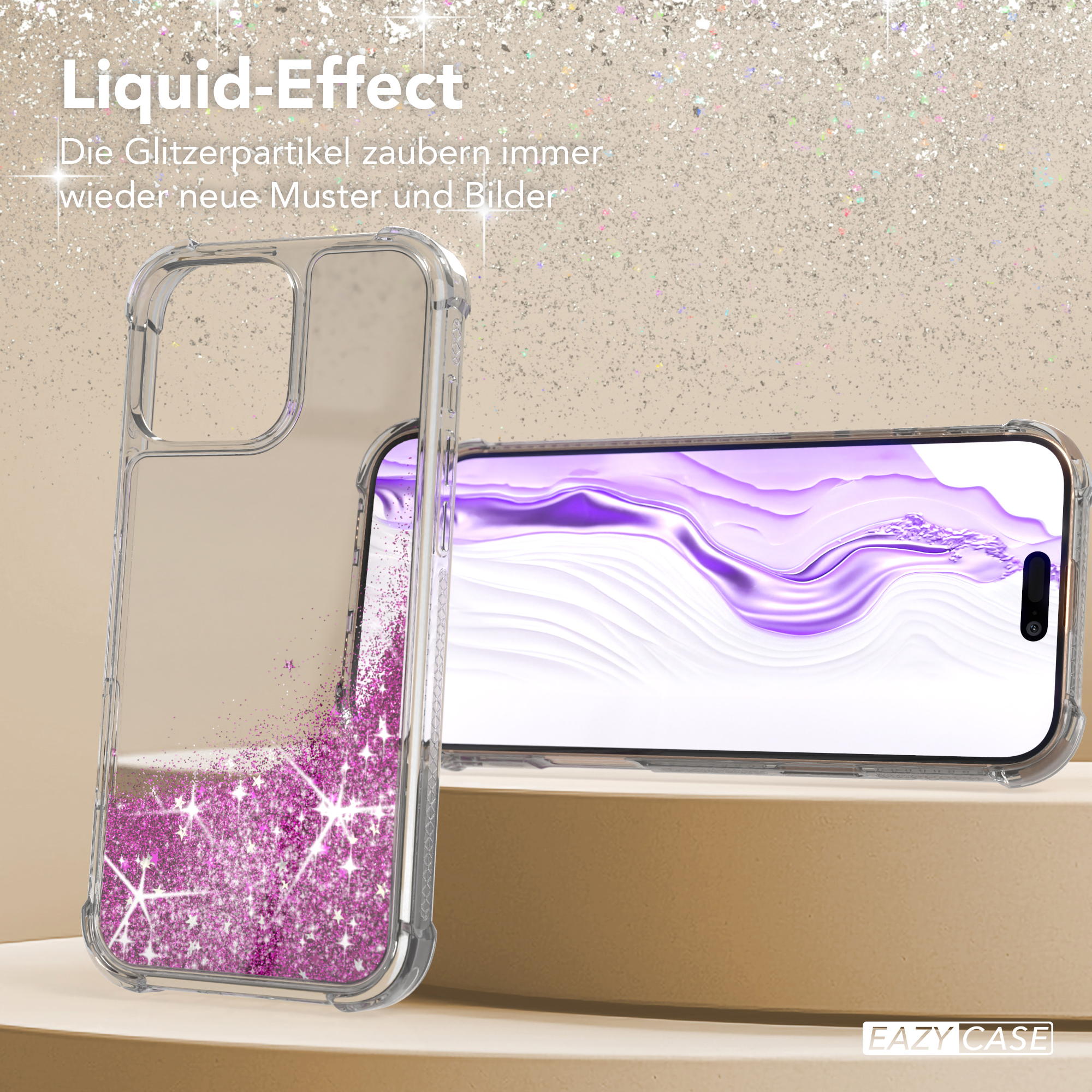 Handyhülle mit Flüssigkeitseffekt. Glitzerpartikel in Pink. Telefonbildschirm ist an.