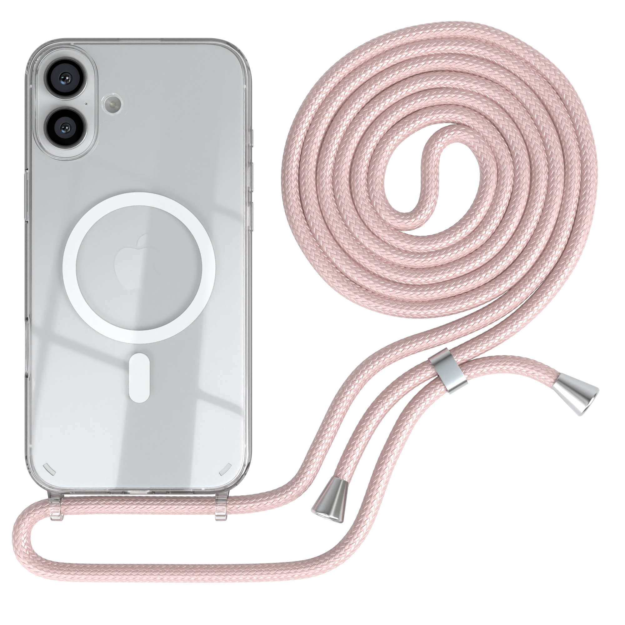 Rosa Handyhülle mit rosa Kordel. Ein Telefon mit weißem Kreis und Apple-Logo.