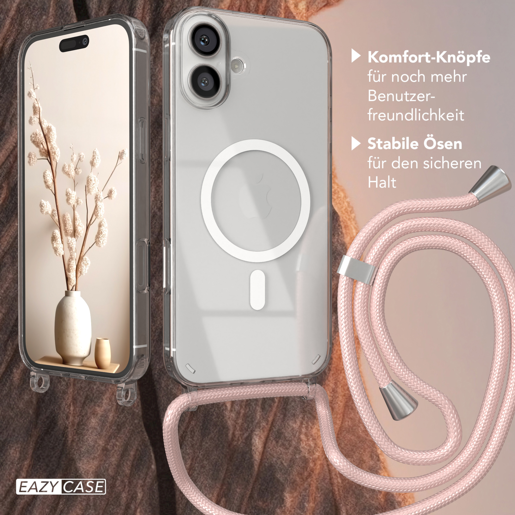 Ein Telefon mit transparenter Hülle und einem Lanyard. Ein rosa Riemen ist befestigt. Eine Vase mit Blumen links.