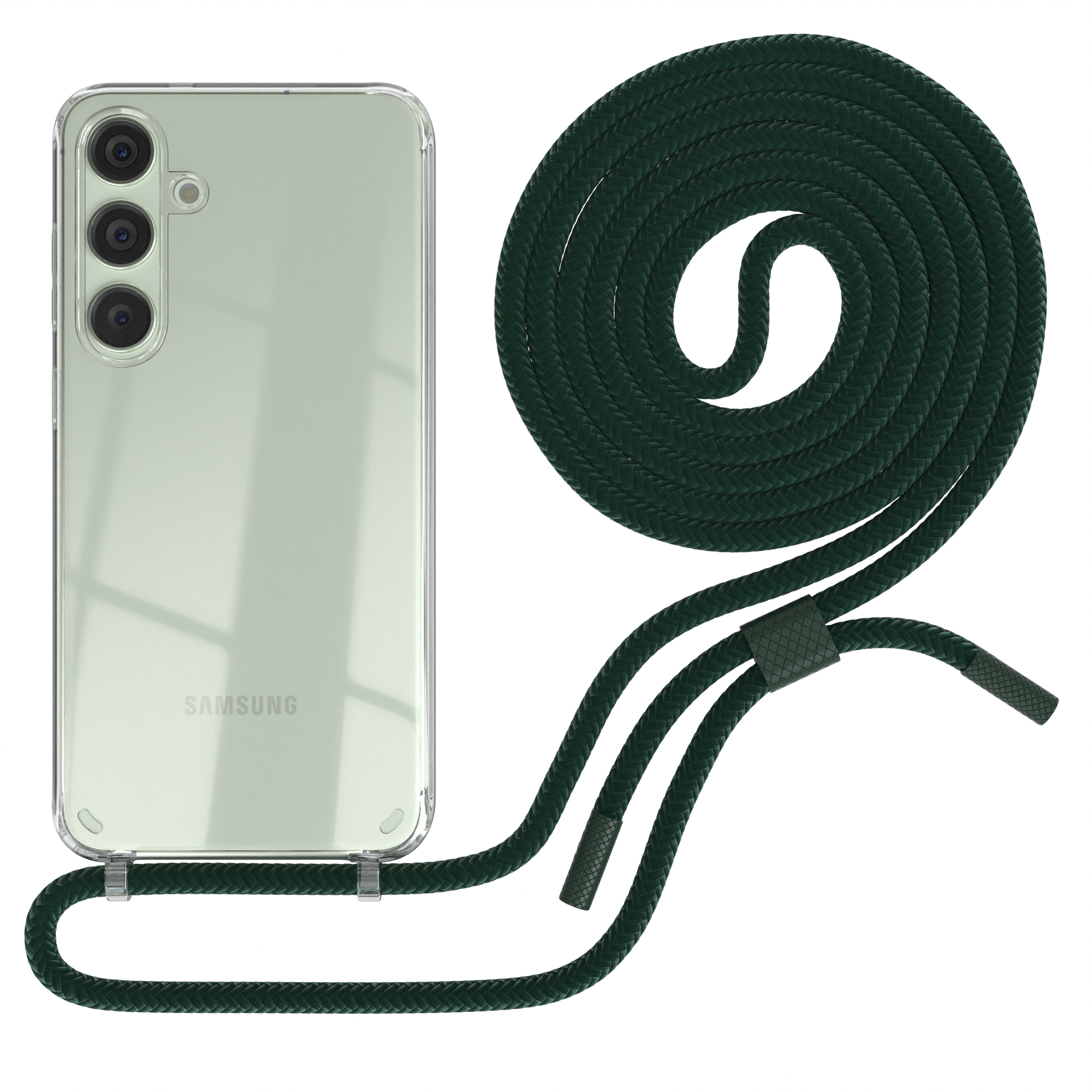 Transparente Handyhülle mit grünem Band. Telefon links. Band rechts aufgerollt.