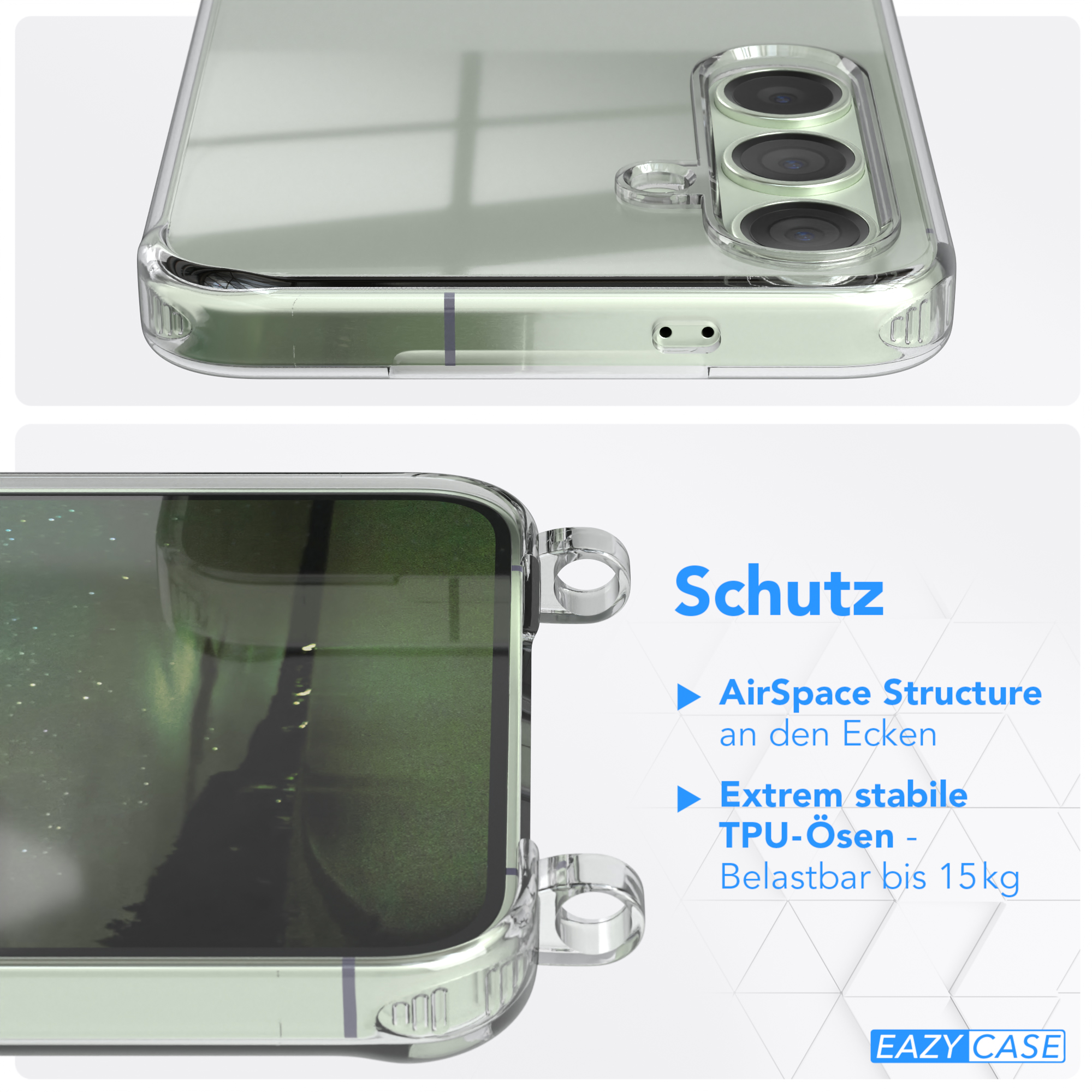 Nahaufnahme einer transparenten Handyhülle mit Text zum Schutz. Die Hülle zeigt Designdetails.