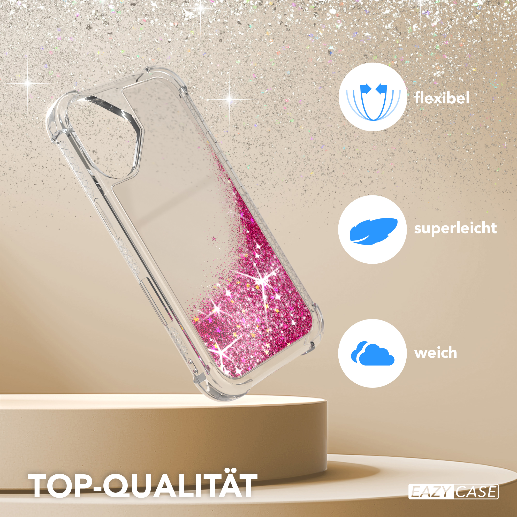 Transparente Handyhülle mit rosa Glitzer. Worte sagen: flexibel, leicht und weich. Die Hülle steht auf einem Ständer.