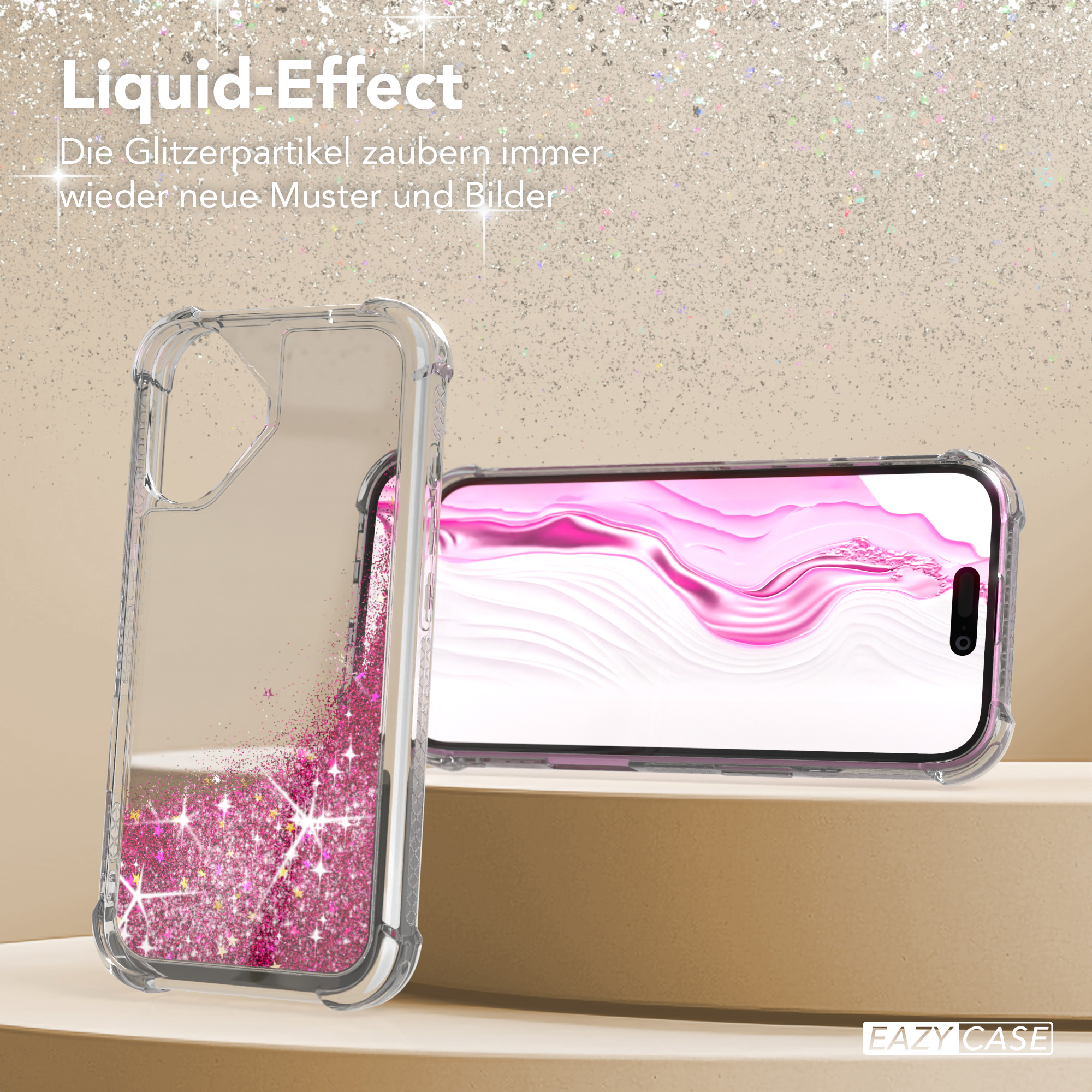 Handyhülle mit Flüssigkeitseffekt, Glitzer und Telefon zeigend.