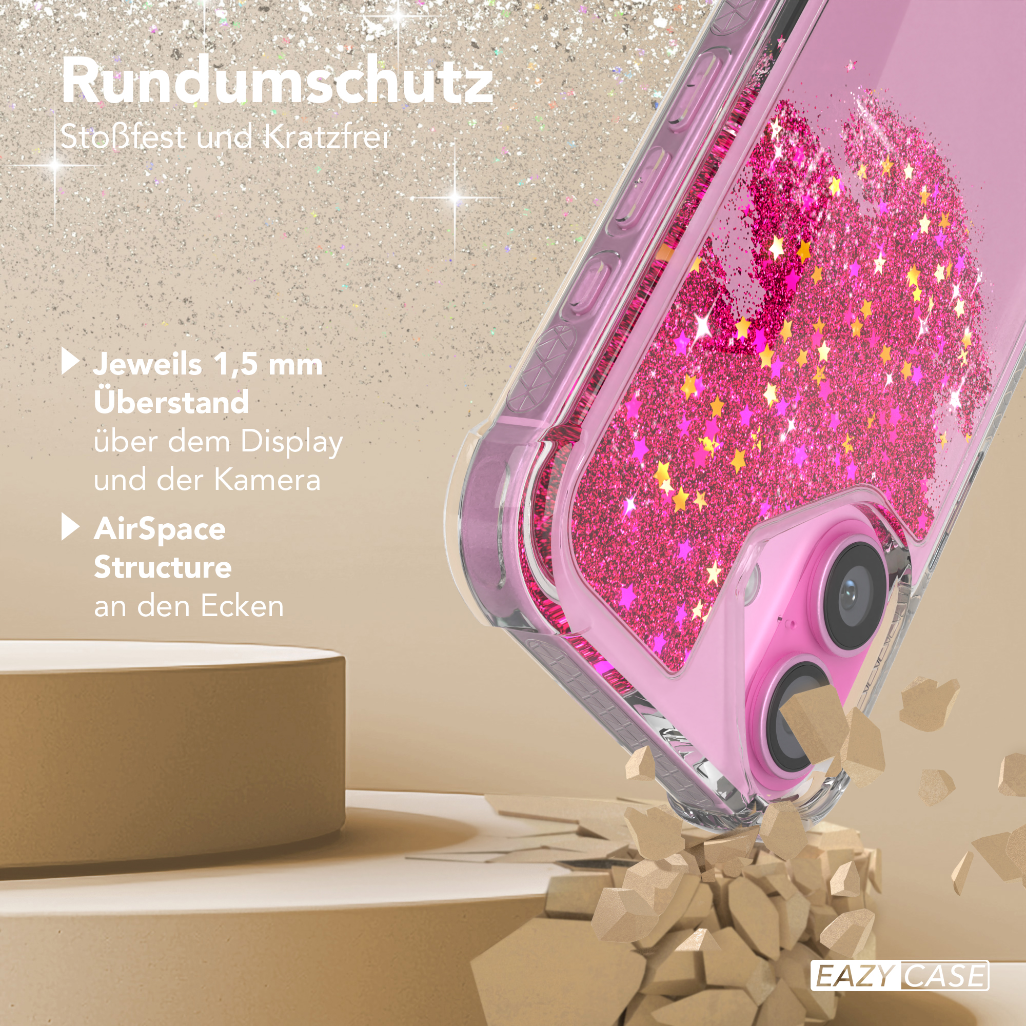 Nahaufnahme einer rosa Handyhülle mit Glitzer und zerbrochener Oberfläche.
