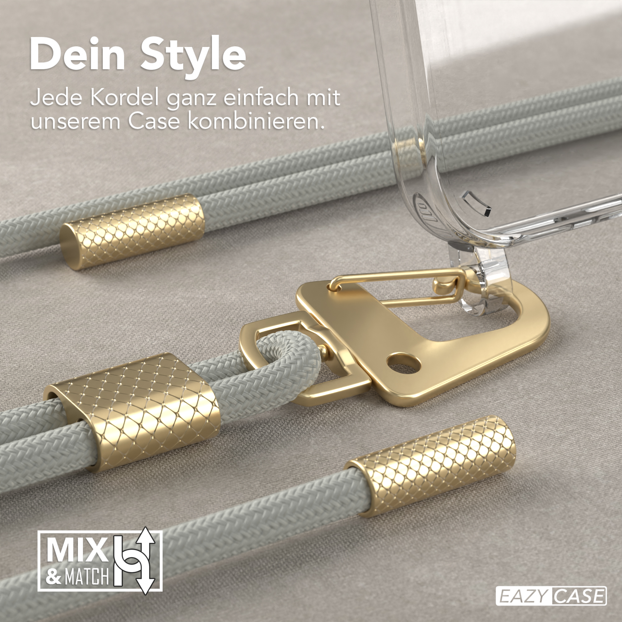Nahaufnahme von grauen Telefonschnüren mit goldenen Details. Eine klare Handyhülle und das Mix & Match-Logo sind sichtbar.