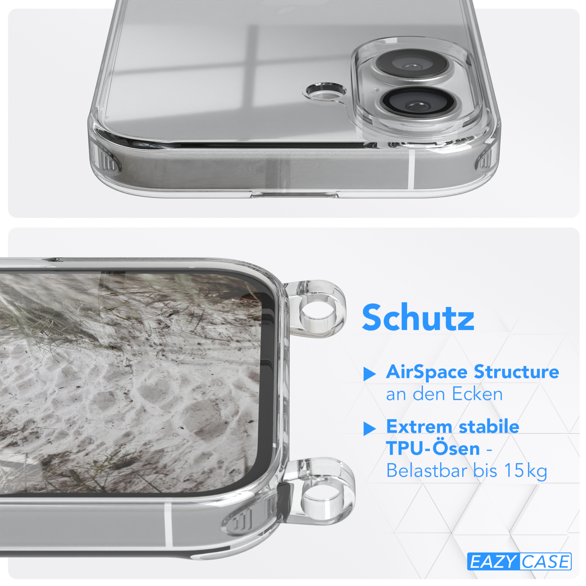 Handyhülle auf einem Telefon. Nahaufnahme. Transparenter Rahmen. TPU-Ösen Details.